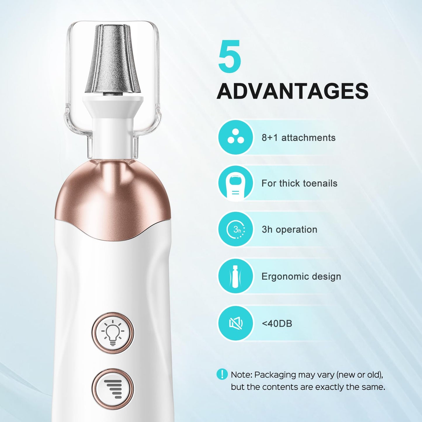 COSLUS electric nail file set showing the five interchangeable stainless steel drill bits arranged neatly