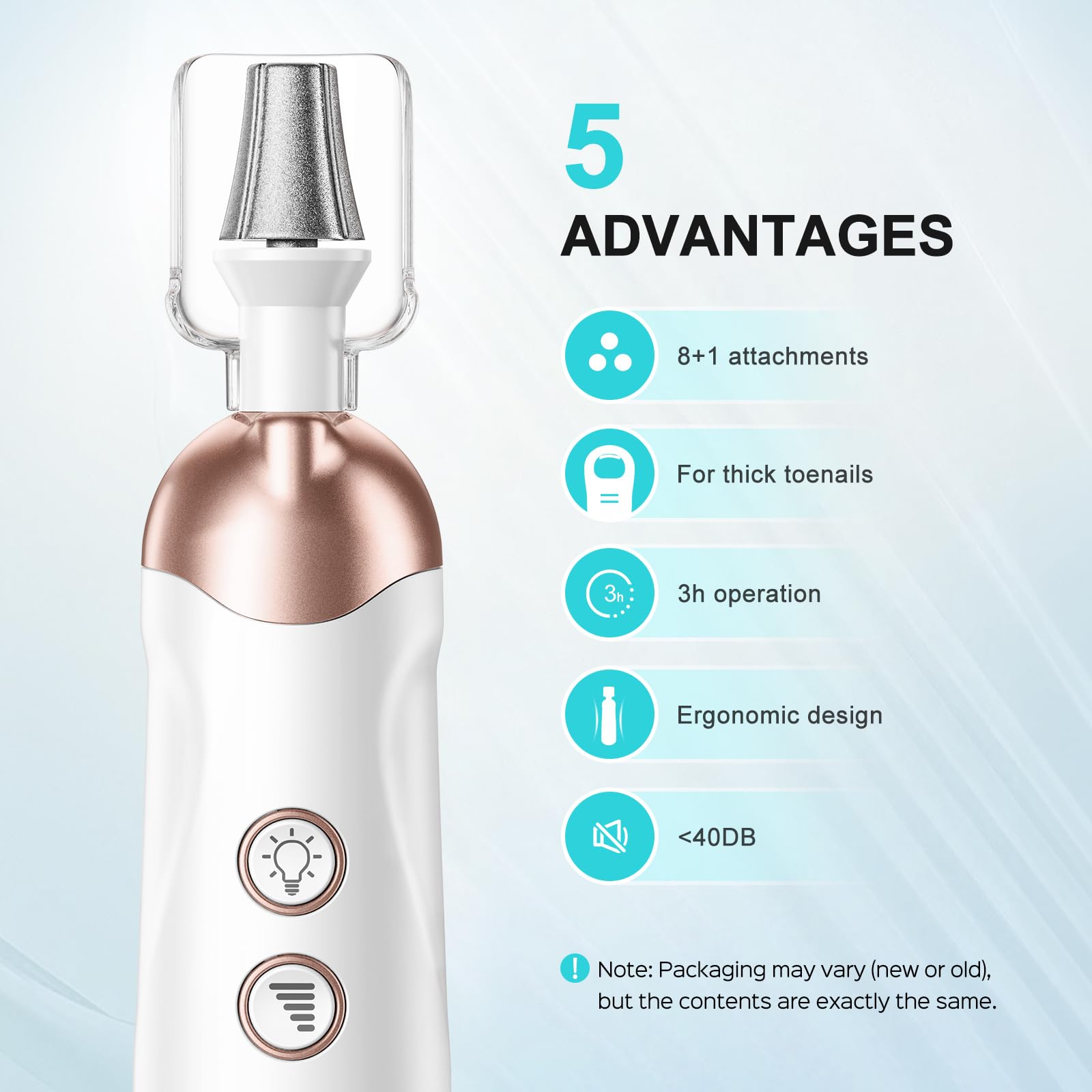 COSLUS electric nail file set showing the five interchangeable stainless steel drill bits arranged neatly