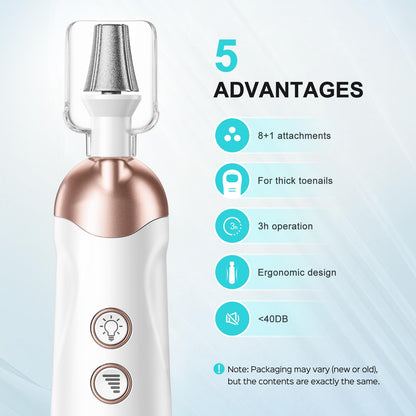 COSLUS electric nail file set showing the five interchangeable stainless steel drill bits arranged neatly