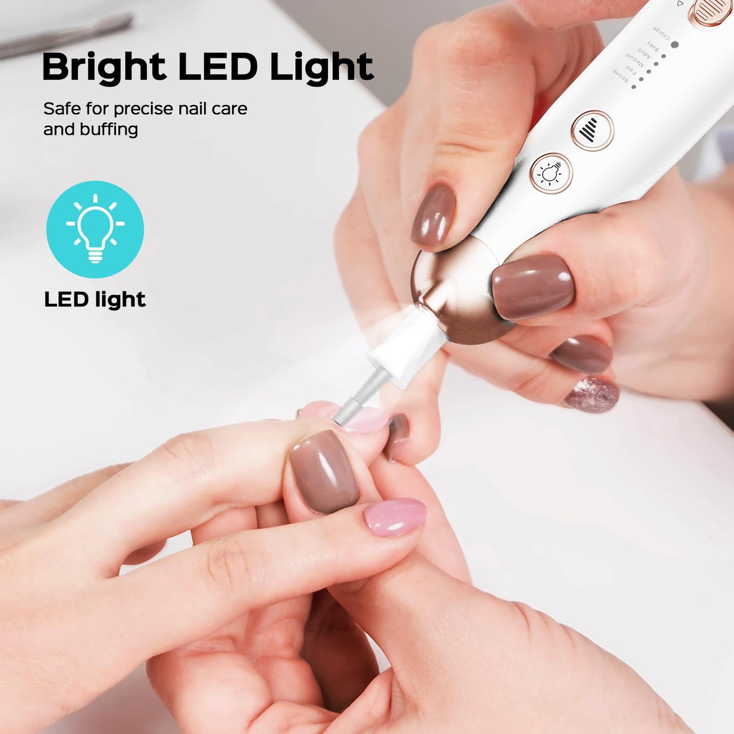 COSLUS cordless manicure set presented next to its travel pouch showing its portable travel size dimensions