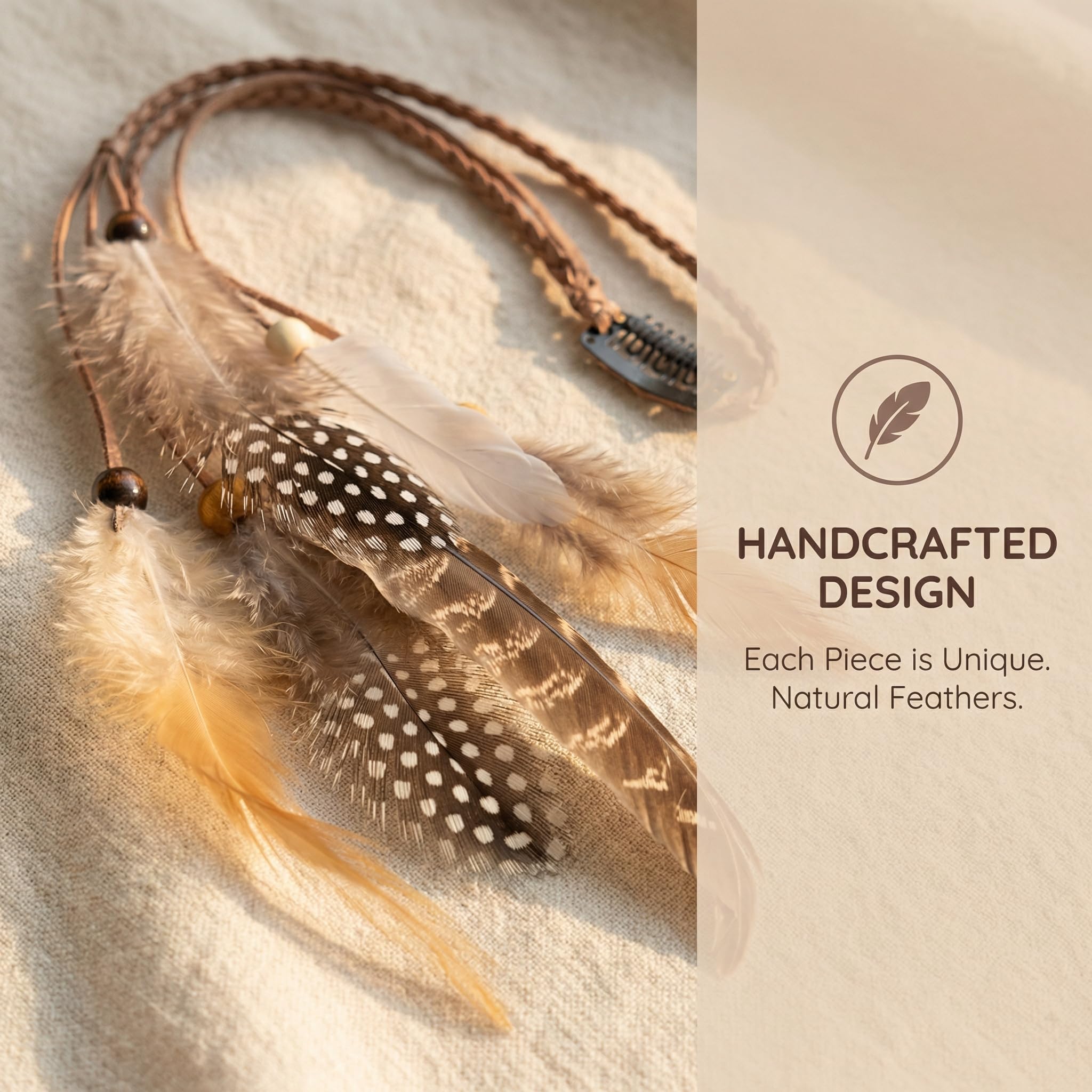 Detailed view of rooster feathers and beads on hair clip