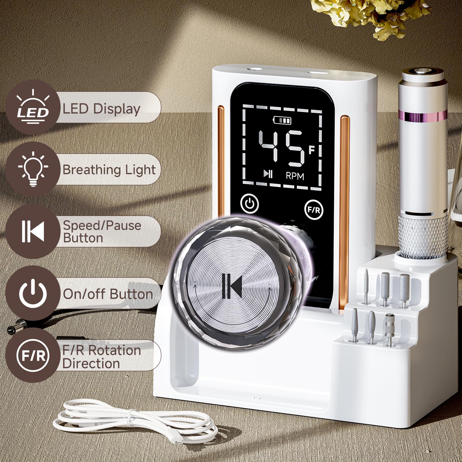 Close up of Puriom nail drill handpiece and digital display
