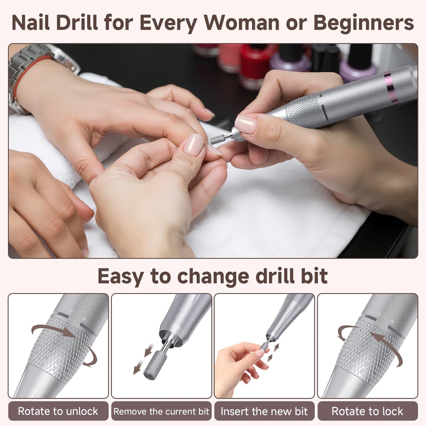 Puriom rechargeable nail drill set for salon and home use