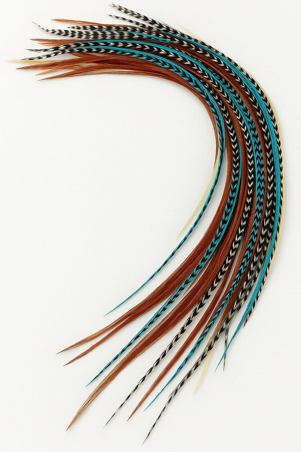 Close up of vibrant rooster feather hair extensions