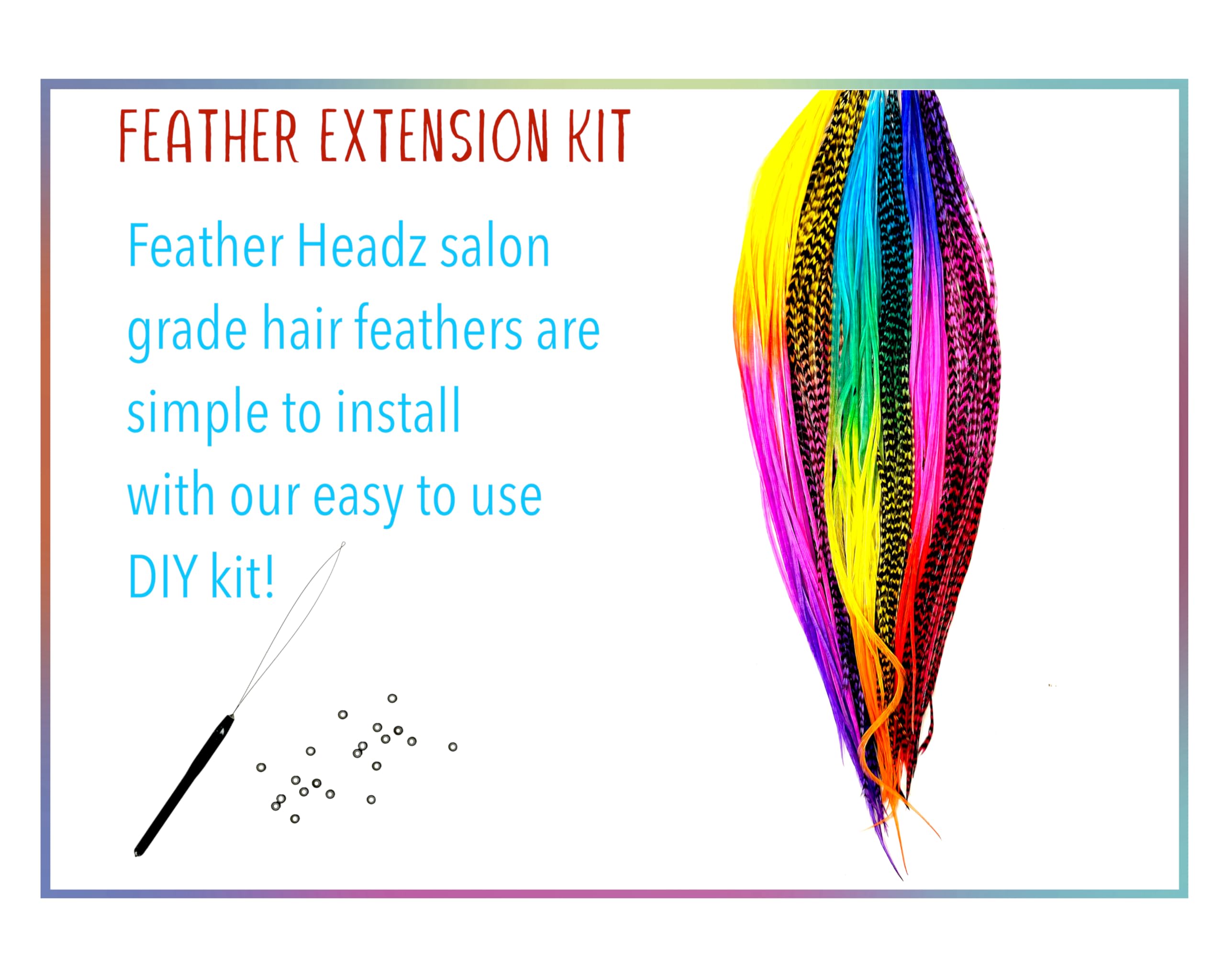 DIY hair extension kit contents including feathers and micro-link beads