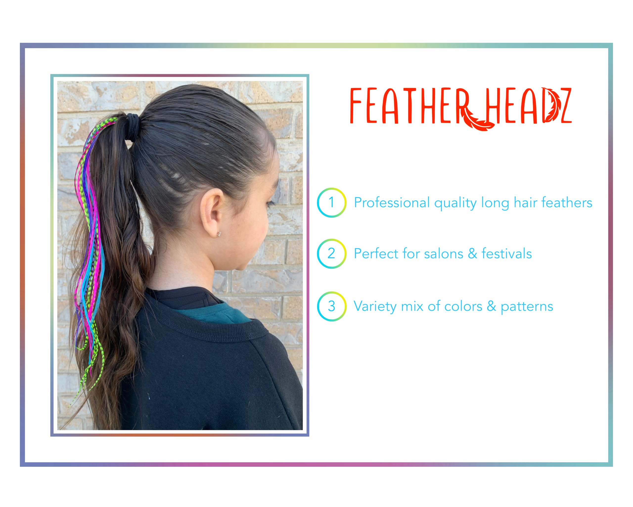 Model wearing boho style rainbow feather hair extensions