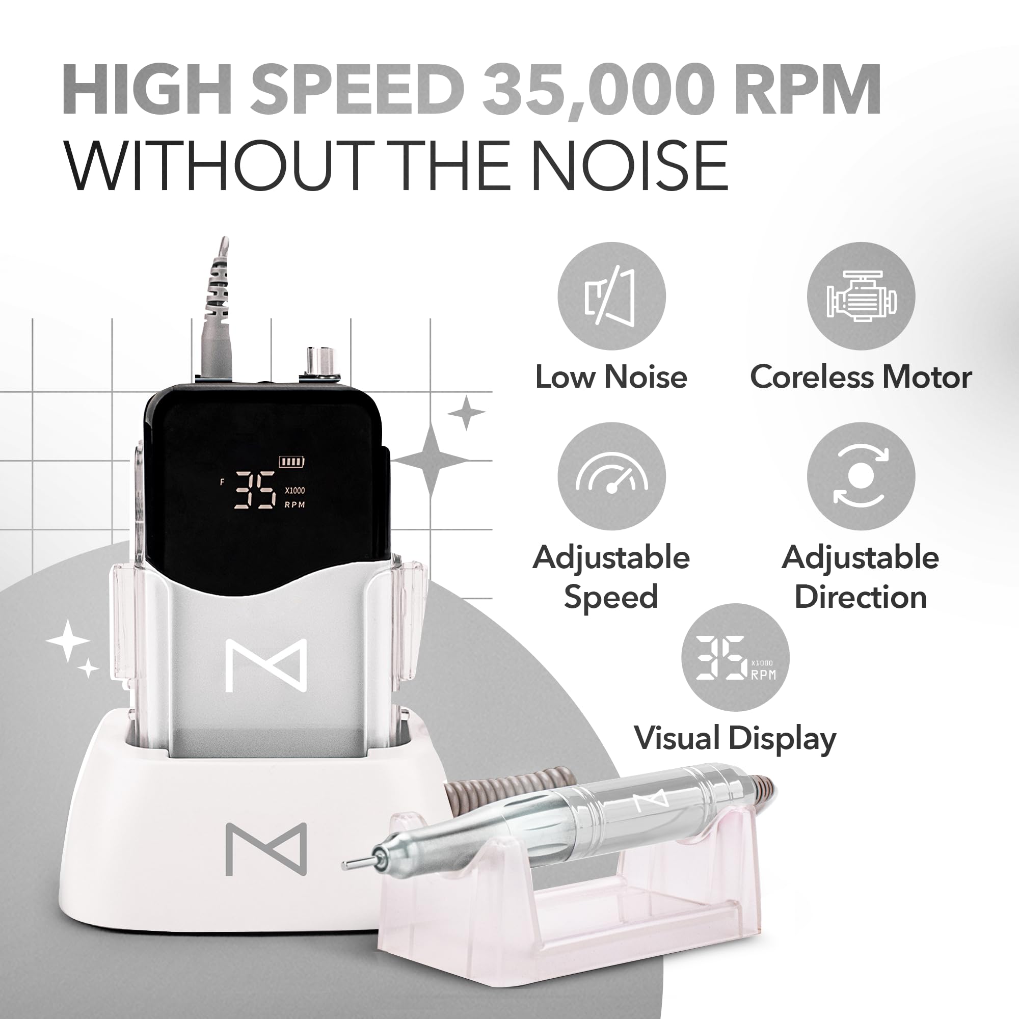 M Mase cordless electric nail file handpiece resting next to the portable power control box.