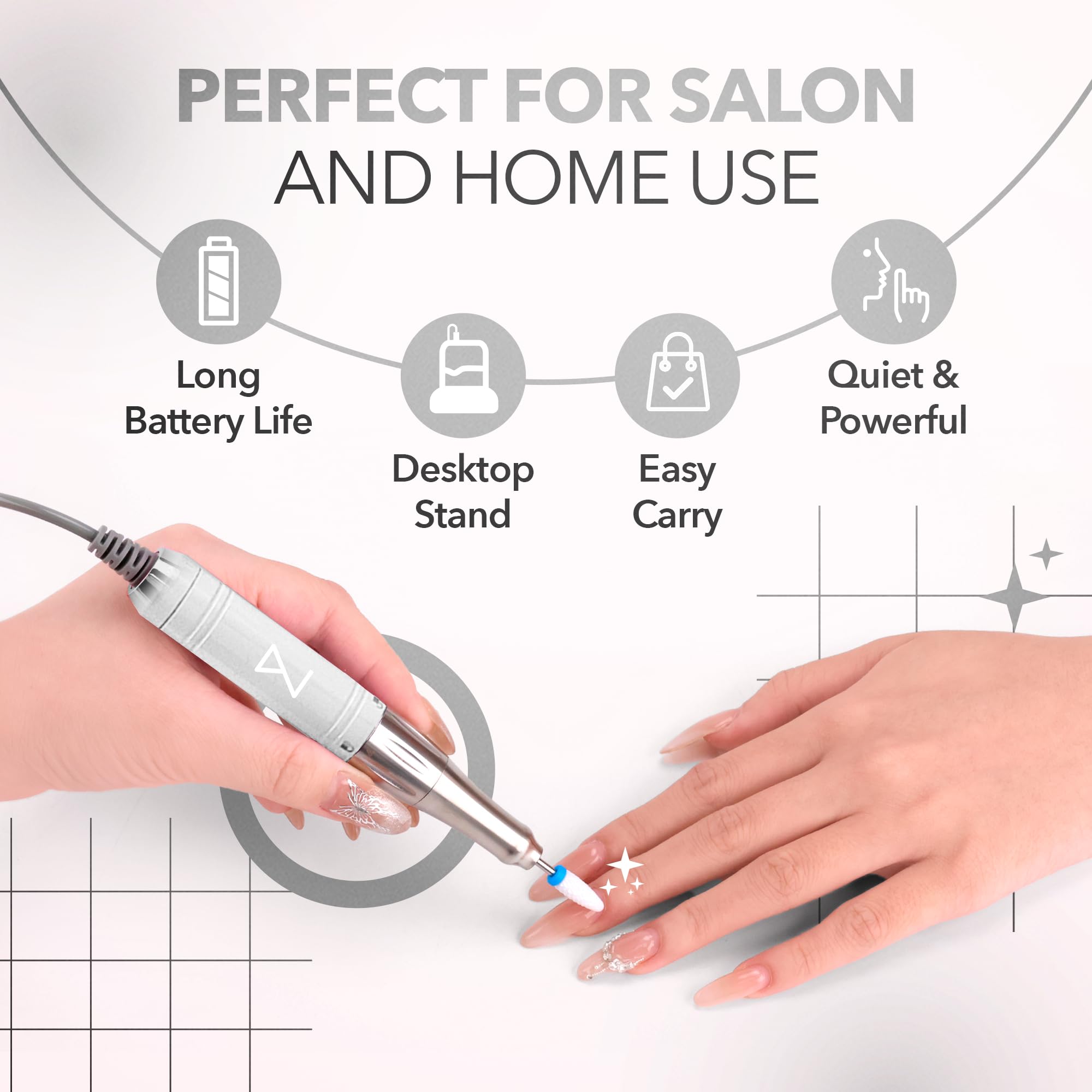 Premium acetone resistant aluminum handpiece of the M Mase electric nail file showcasing its sleek ergonomic design.
