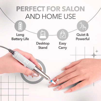 Premium acetone resistant aluminum handpiece of the M Mase electric nail file showcasing its sleek ergonomic design.