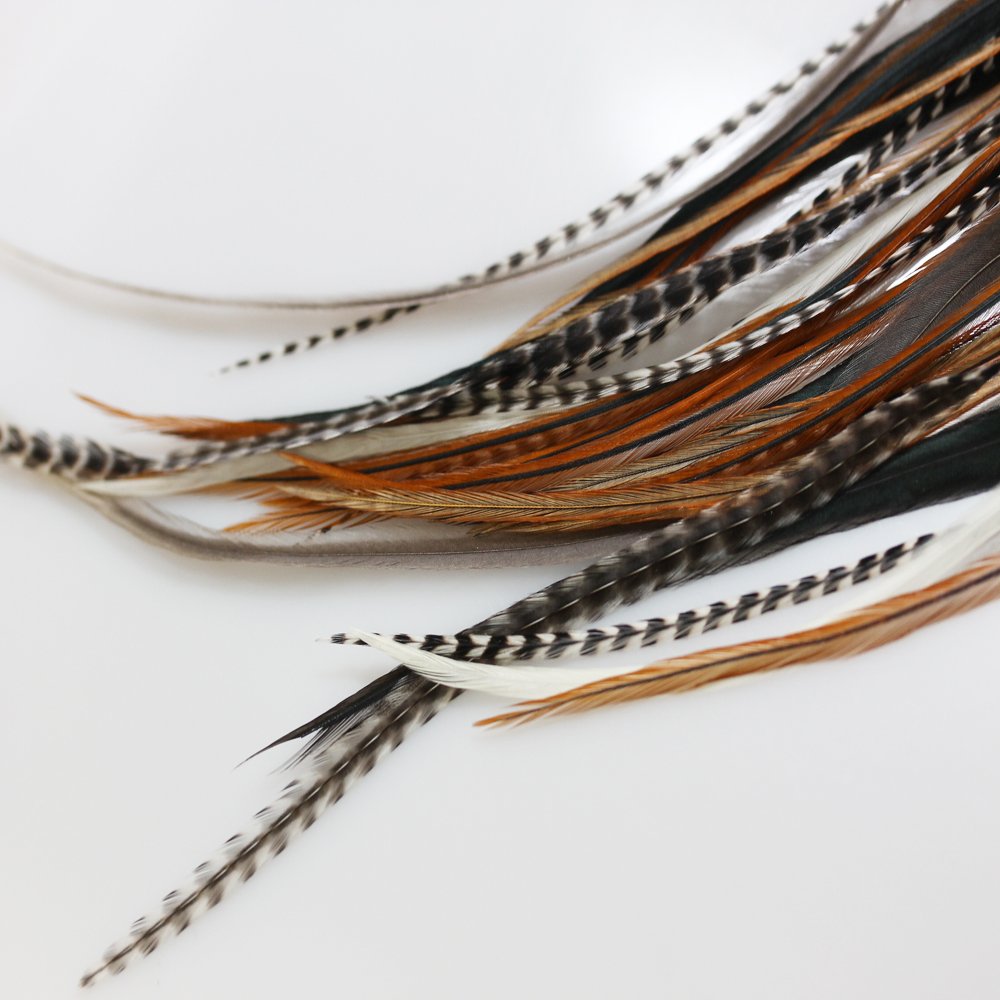 Model showing bohemian style with brown and beige feather hair extensions.