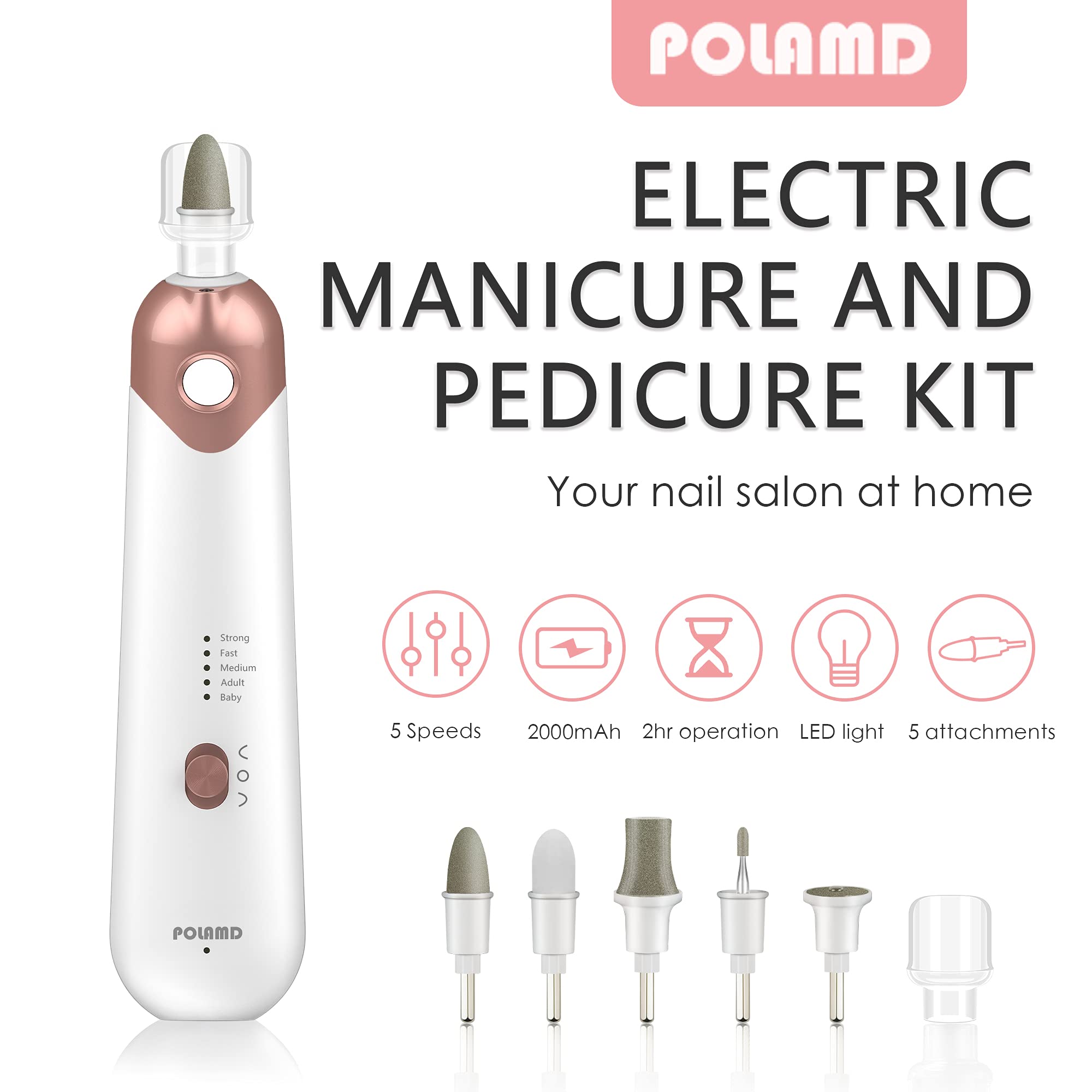 POLAMD rechargeable electronic nail file machine with multiple interchangeable attachments for hand care