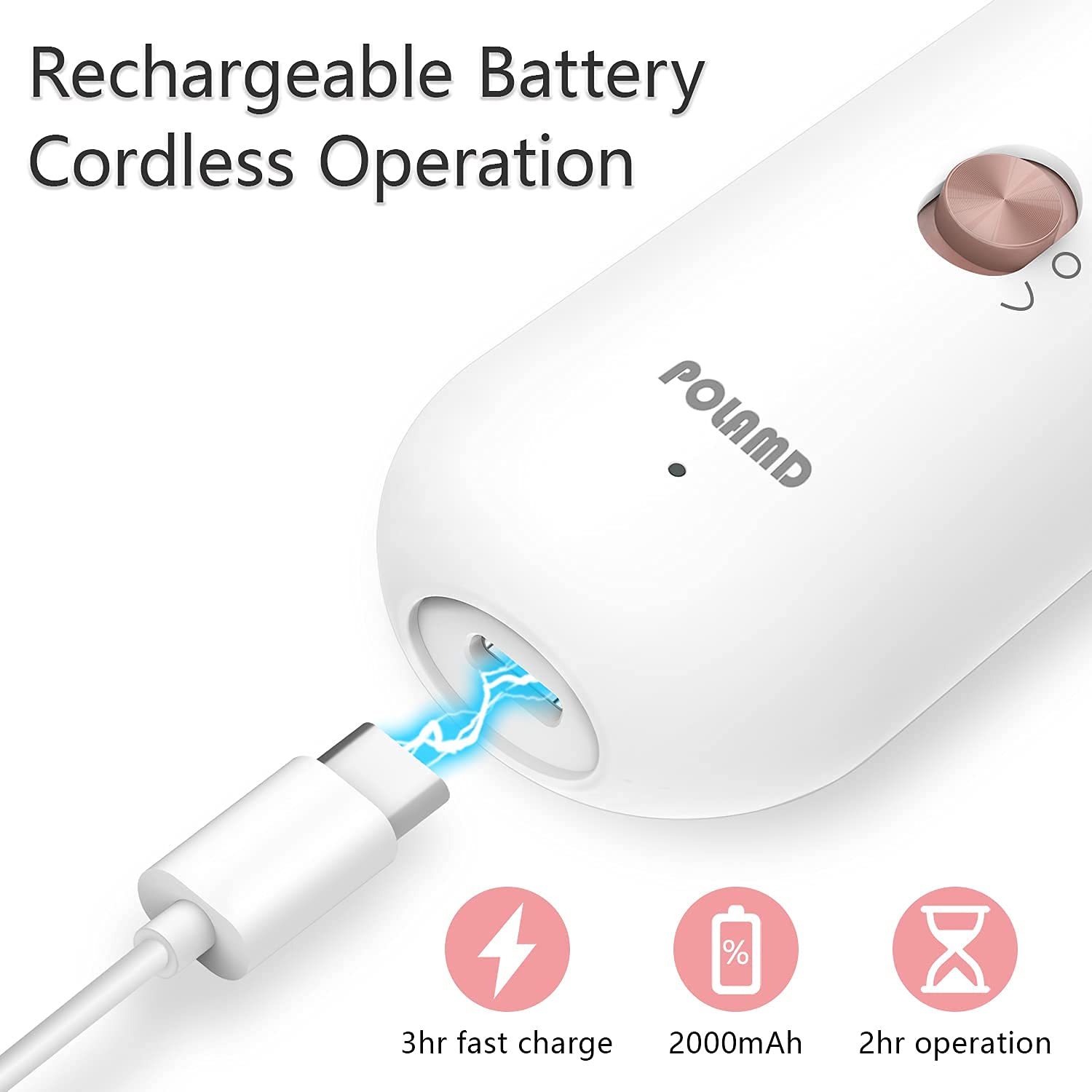 POLAMD premium white electric nail grinder displaying modern ergonomic design and battery indicator