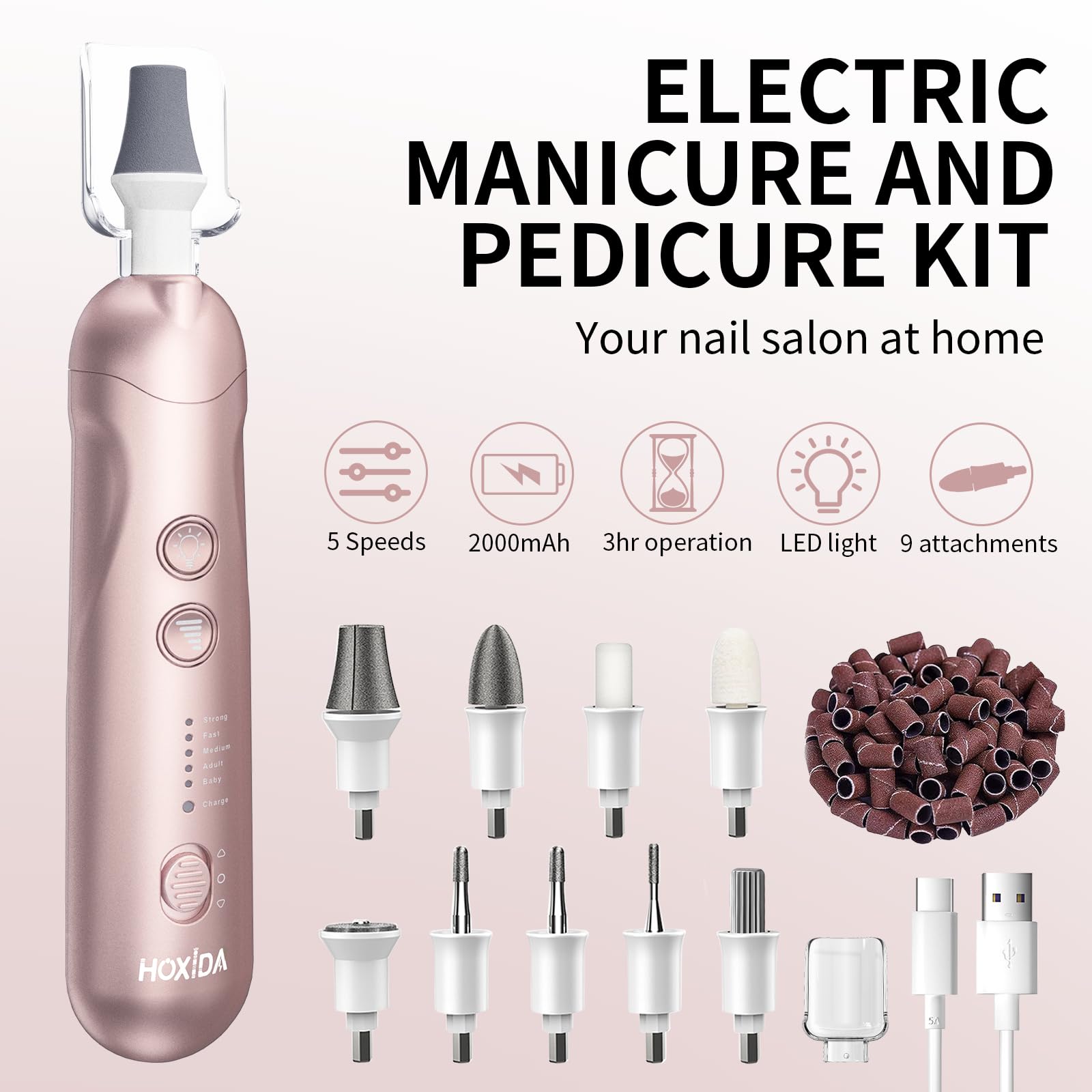 Hoxida cordless electric nail file with interchangeable grinding bits