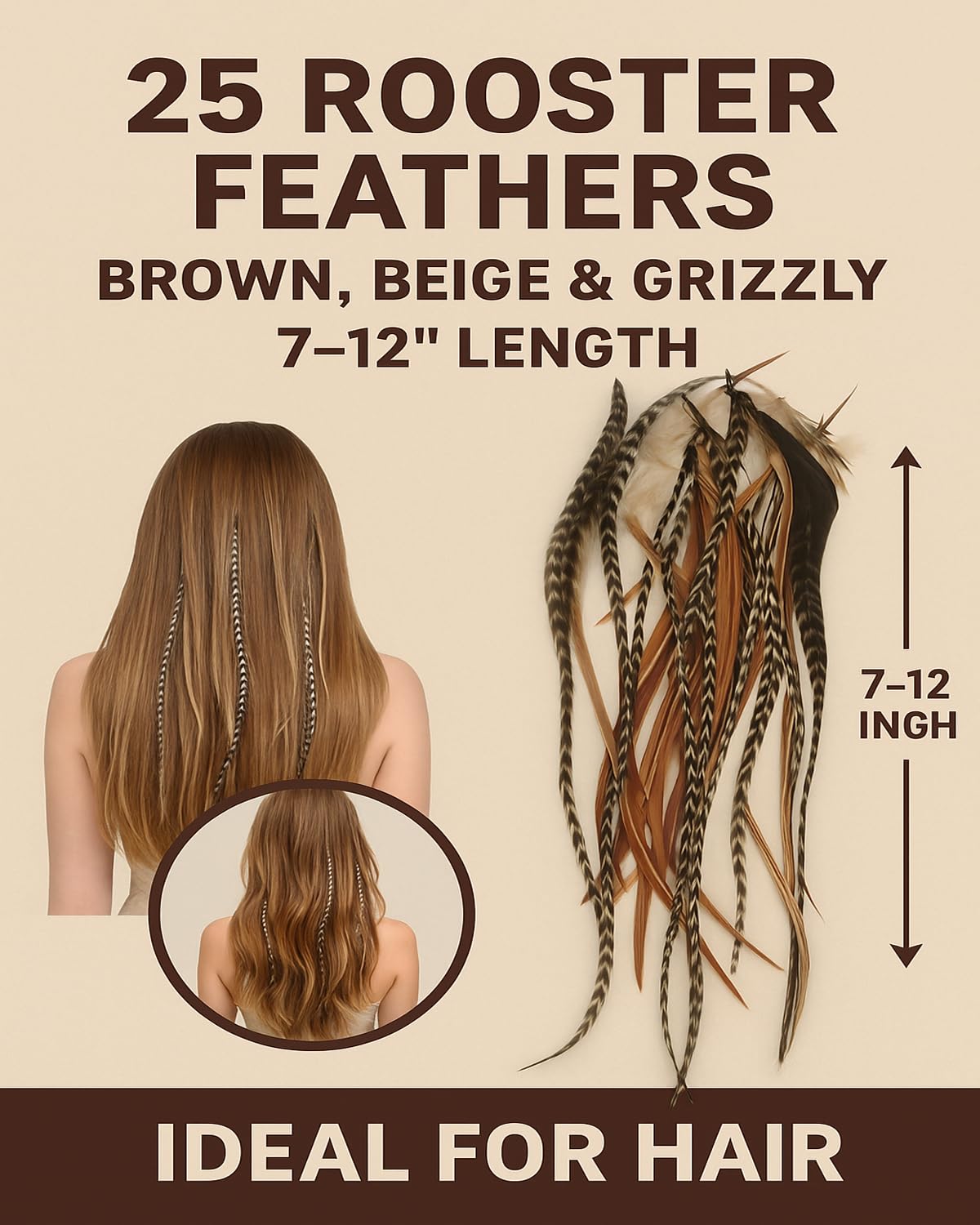 Close up of brown and grizzly natural feather hair accessories