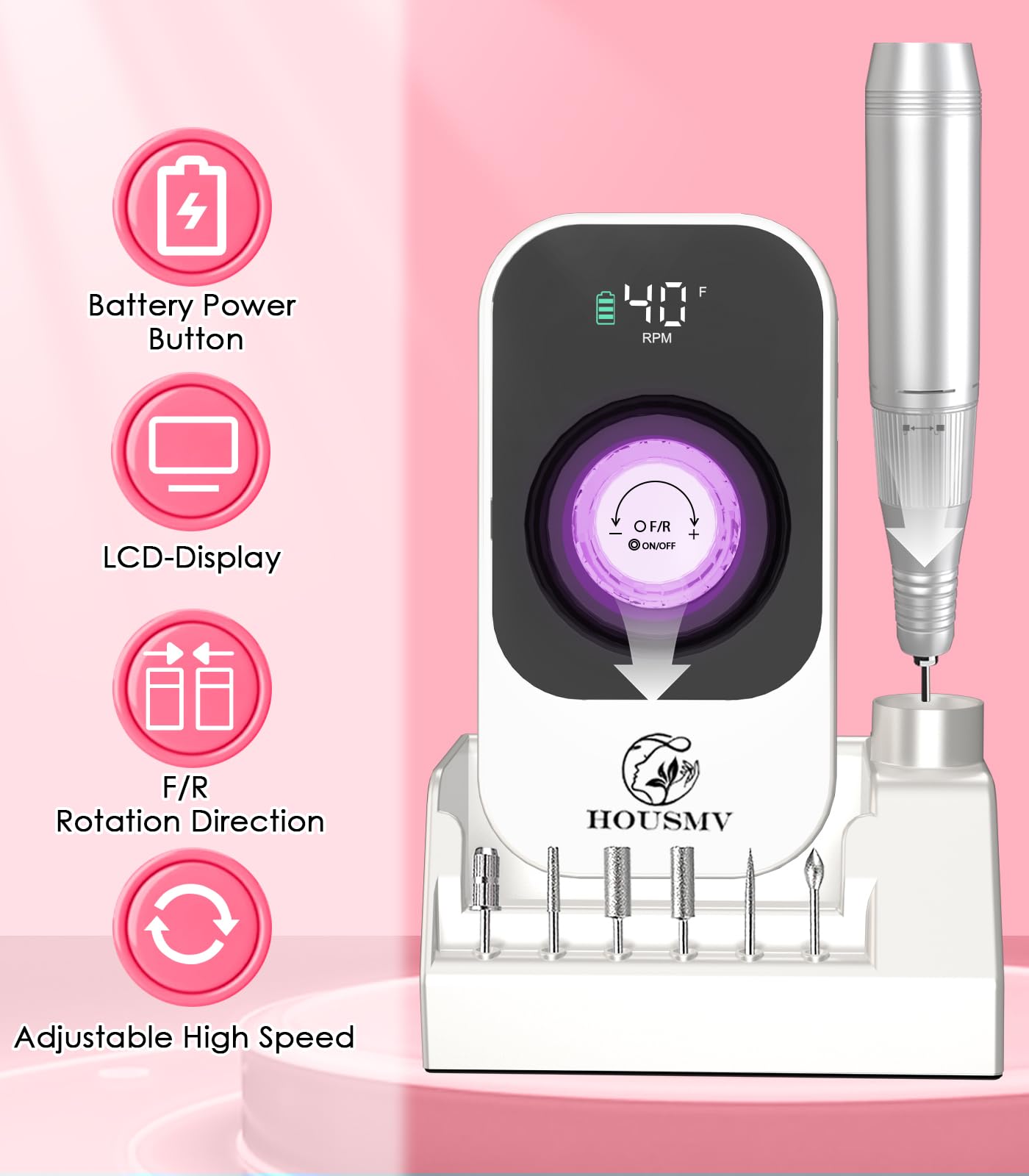 HOUSMV professional cordless e-file handpiece with twist lock chuck mechanism