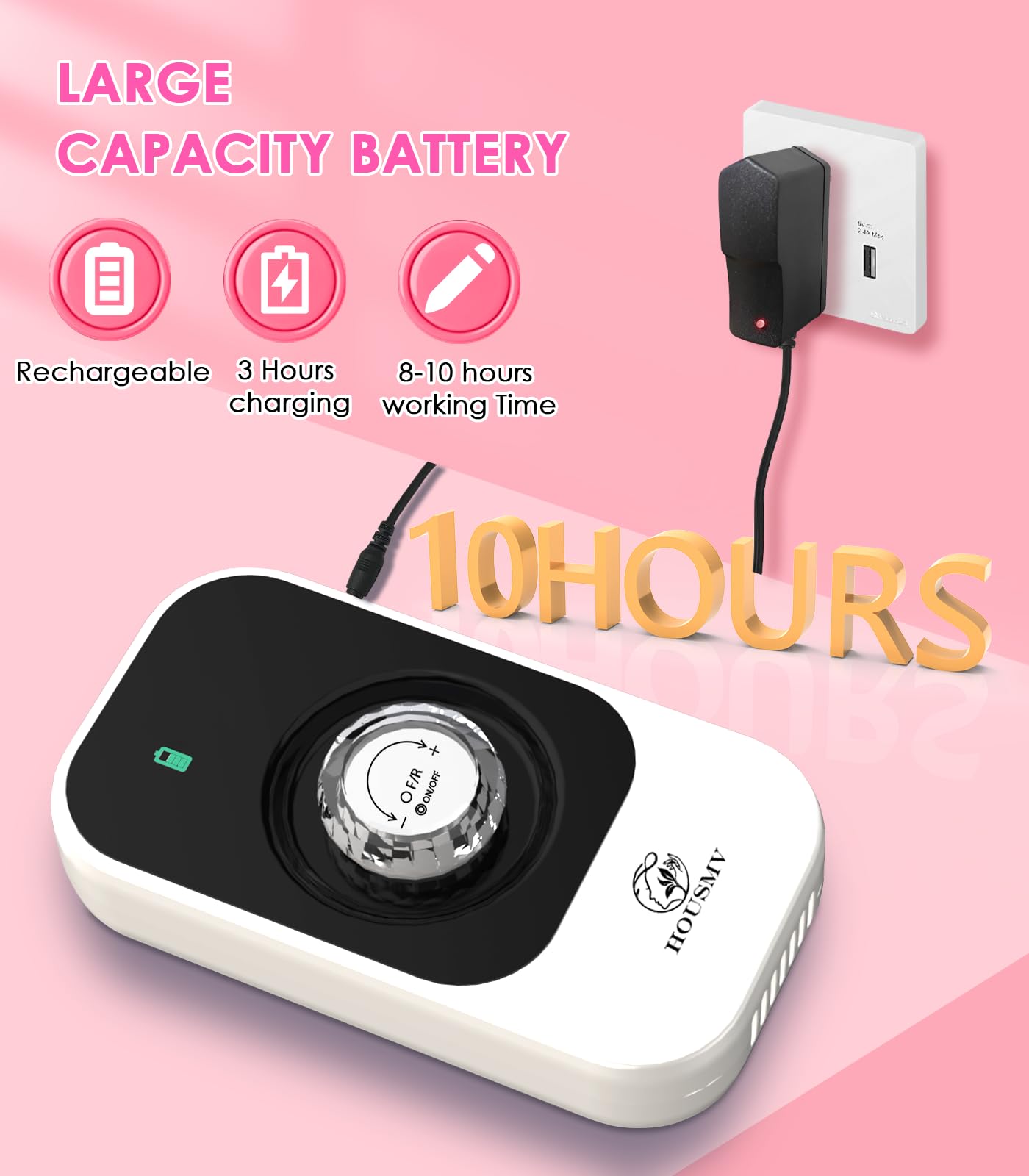 HOUSMV rechargeable electric nail drill resting in its white tabletop charging base