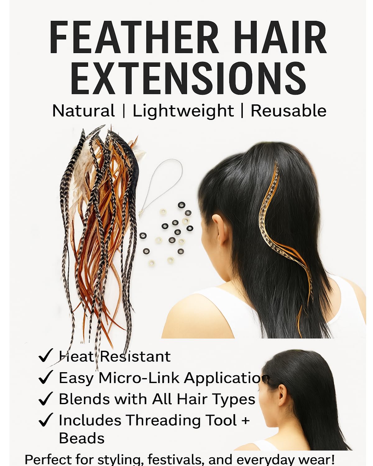 Heat resistant natural hair feathers in brown and beige