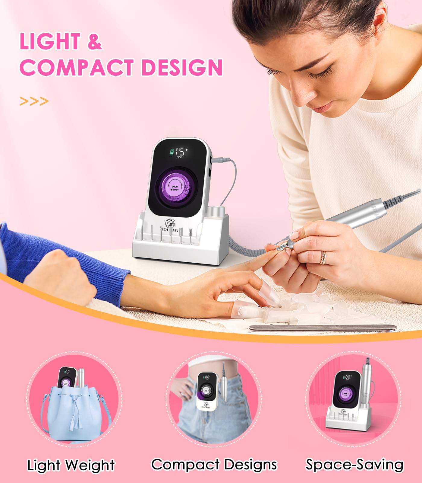 HOUSMV white electronic nail file being adjusted via the top speed control dial