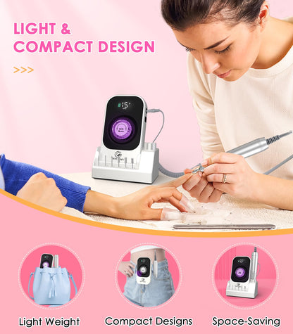 HOUSMV white electronic nail file being adjusted via the top speed control dial
