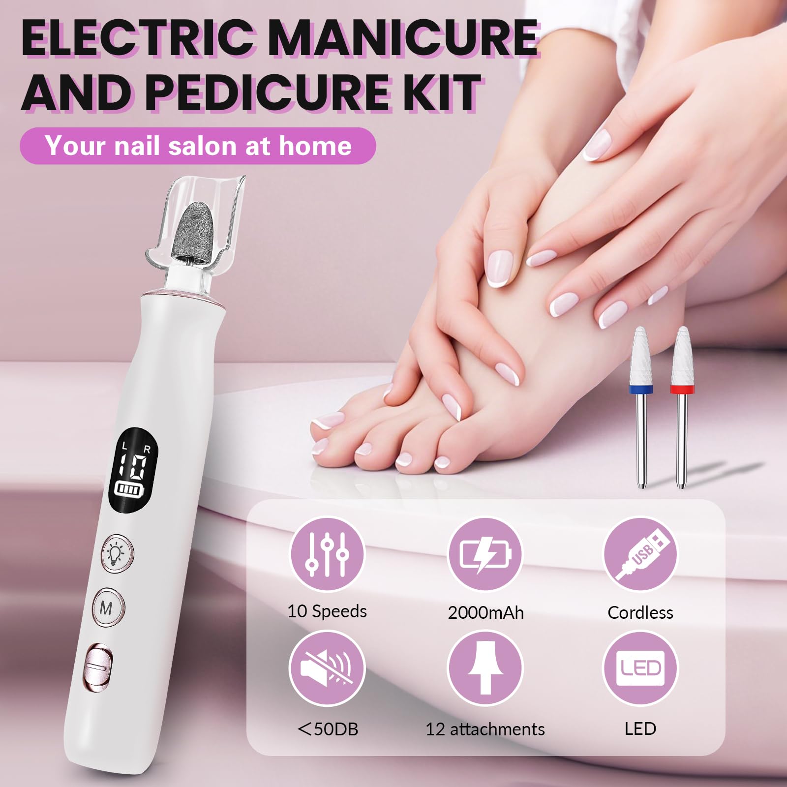 VFD portable nail file with digital display and attachment bits