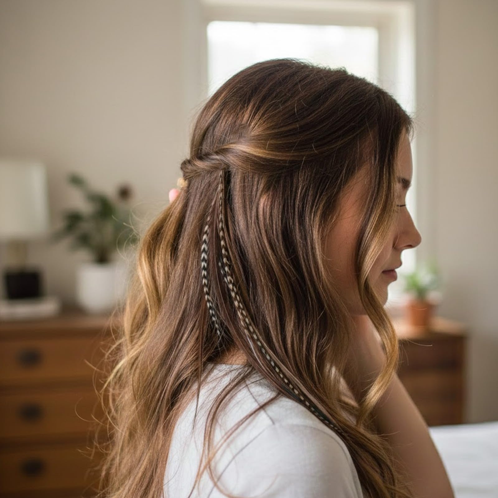 Close up of bonded feather hair extensions in brown and beige tones