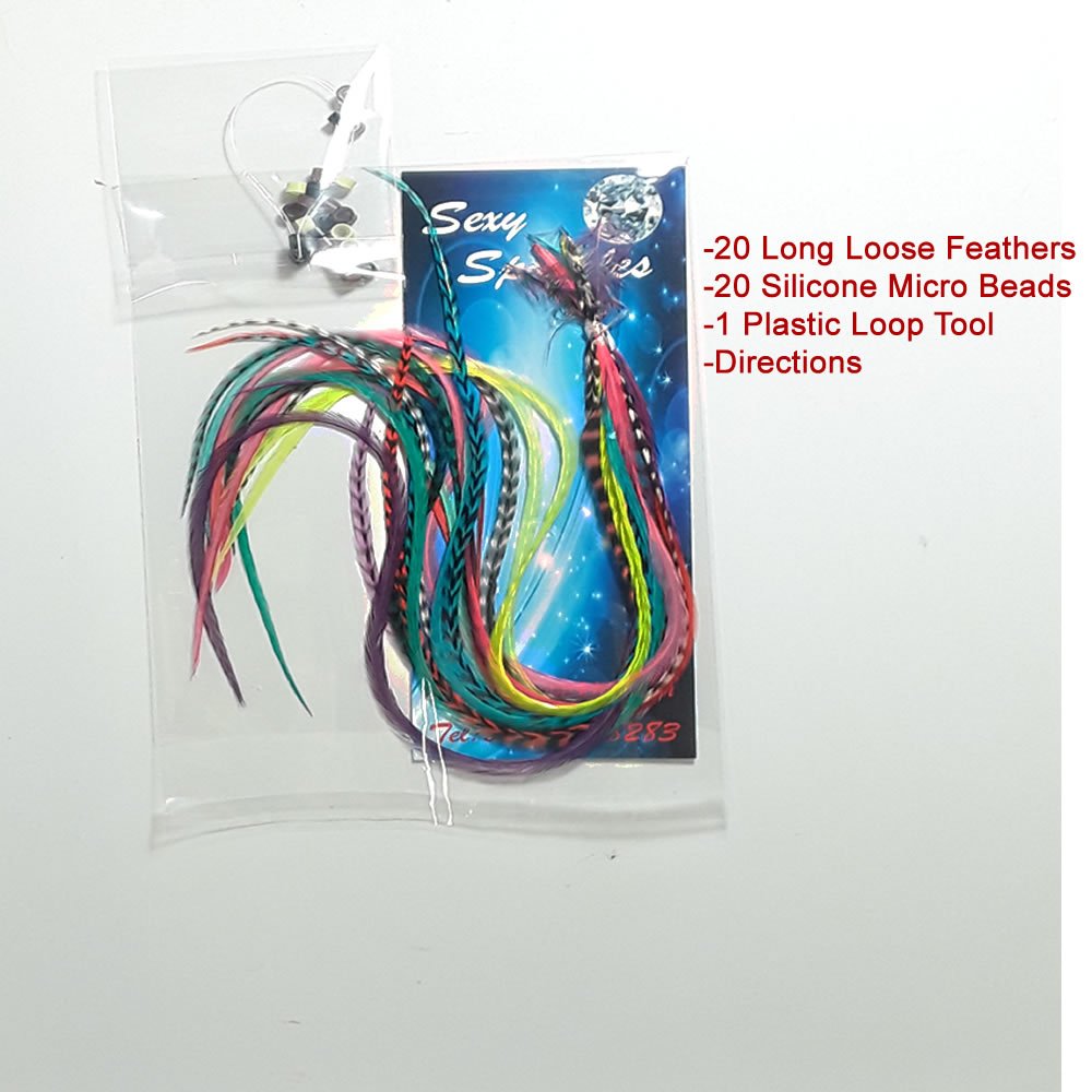 Close up of long thin natural rooster feathers for hair styling