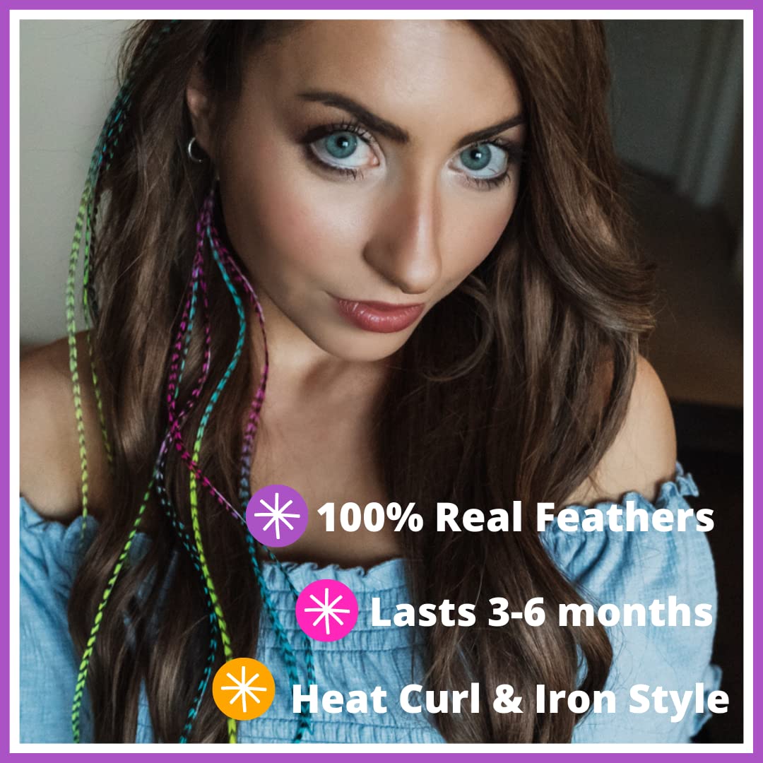 Close up of vibrant rainbow rooster feathers for hair