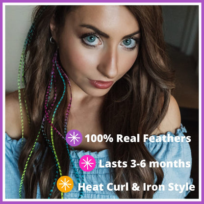 Close up of vibrant rainbow rooster feathers for hair