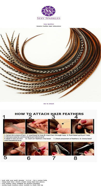 Close up of natural rooster feather hair extensions in dark brown