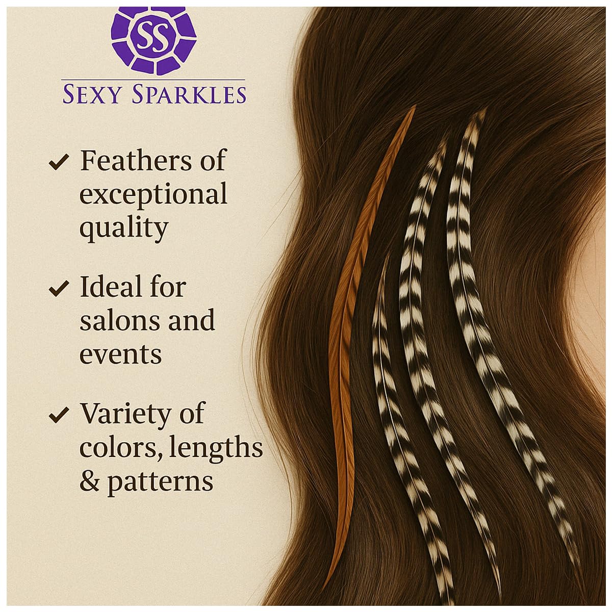 Model showing long natural feather hair extensions in dark brown