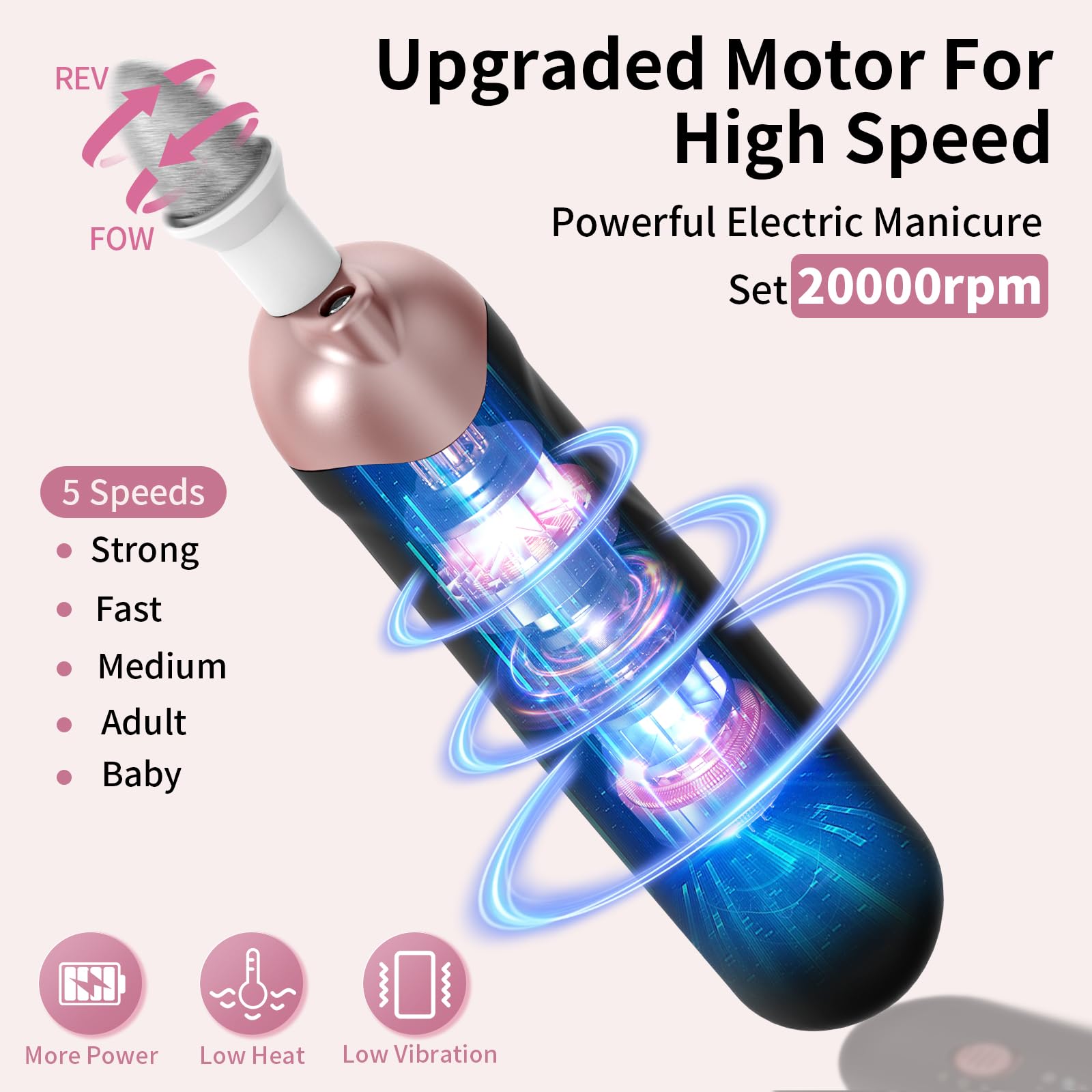 Rechargeable electric nail file set with nine interchangeable grooming attachments displayed