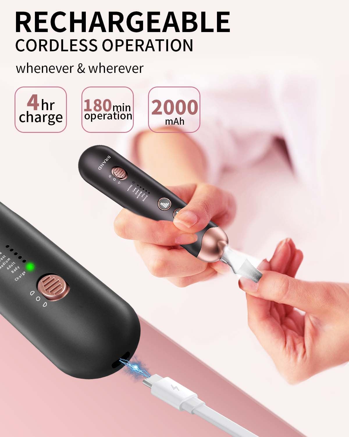 Cordless hand and foot care tool featuring adjustable speed controls and power buttons