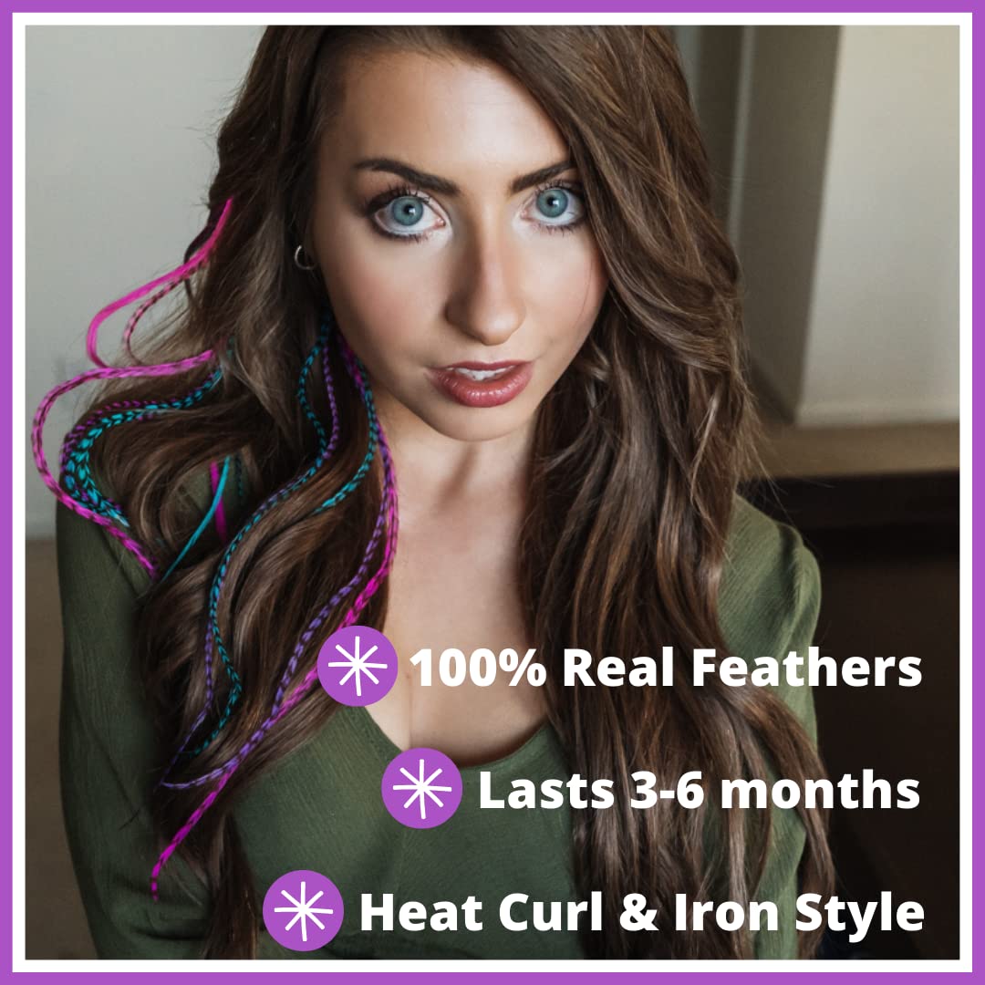 Close up of hot pink and purple real rooster hair feathers