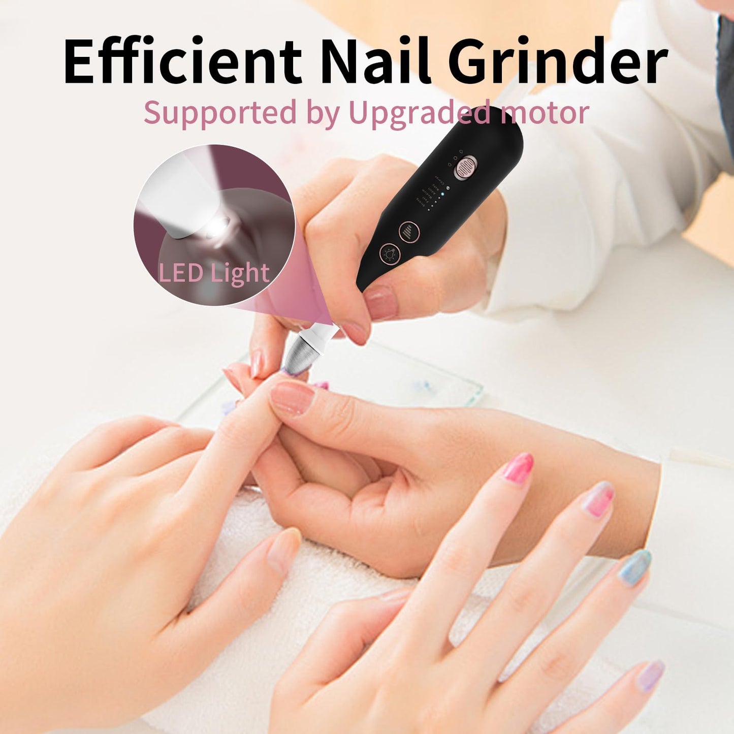 Professional nail drill kit with integrated light illuminating a manicure session