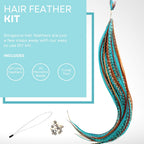 Close up of turquoise and brown feather hair extension
