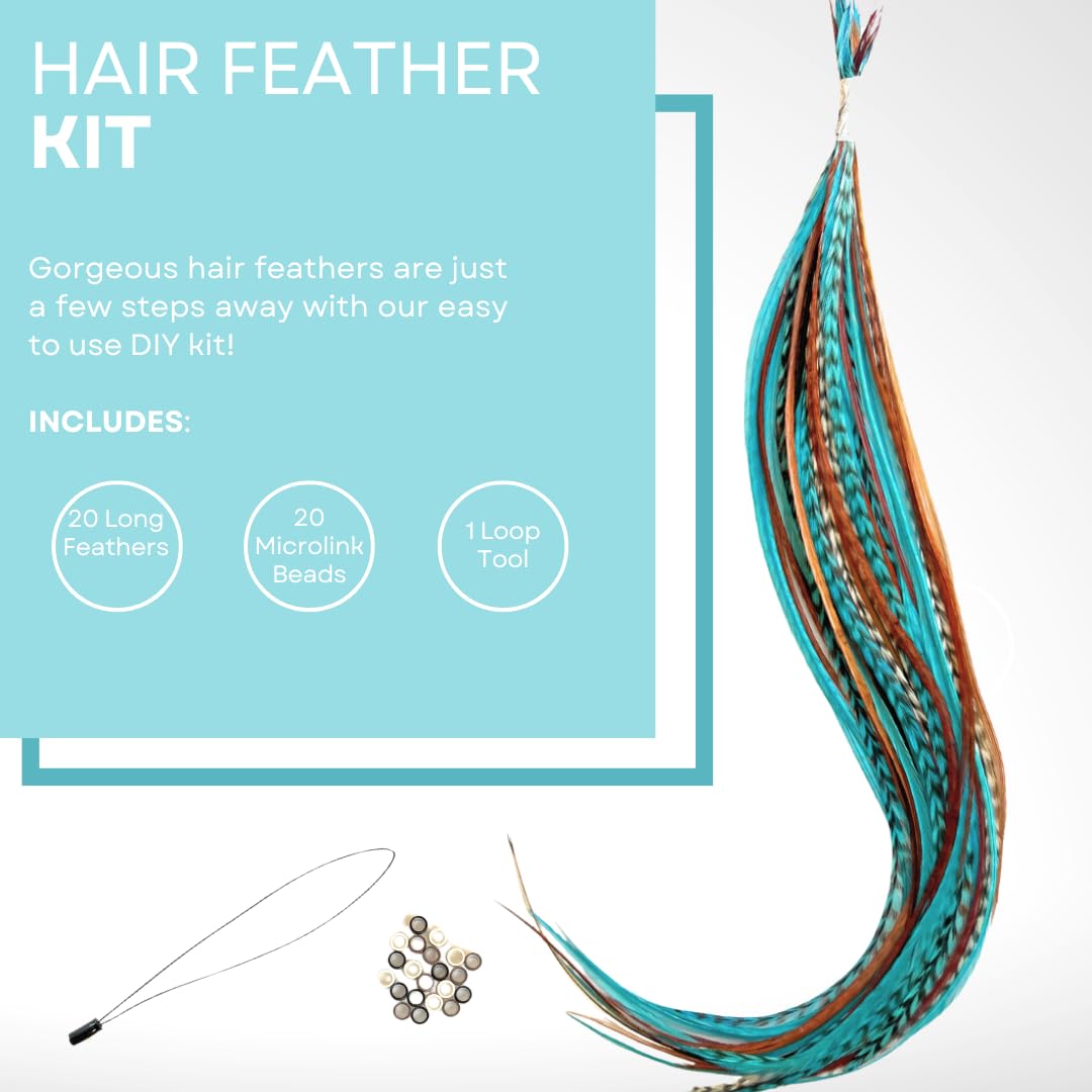 Close up of turquoise and brown feather hair extension