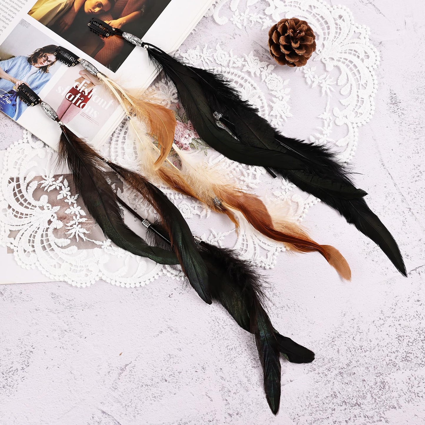 Dark coffee colored feather hair extensions display