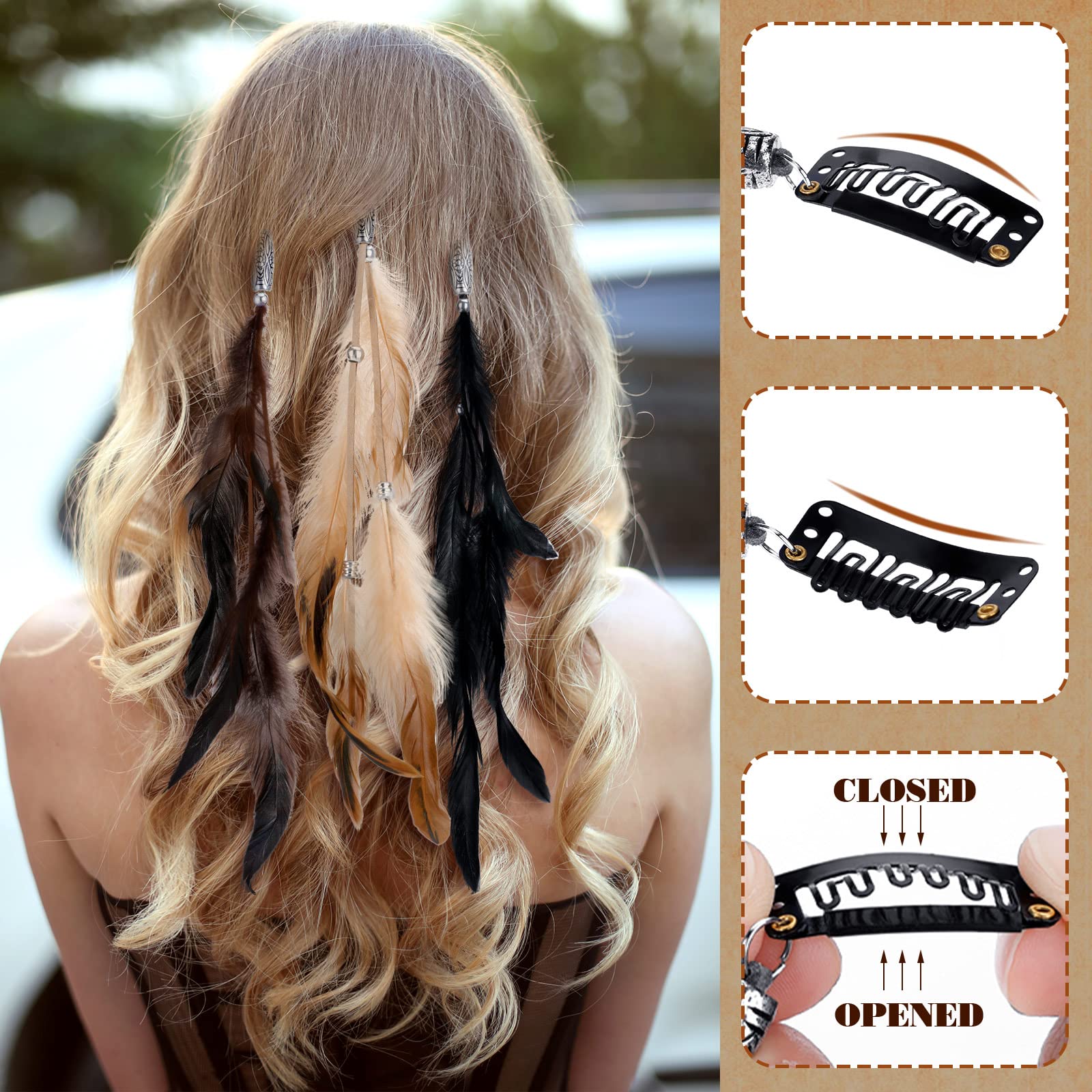 Detailed view of dark coffee feather hair extensions