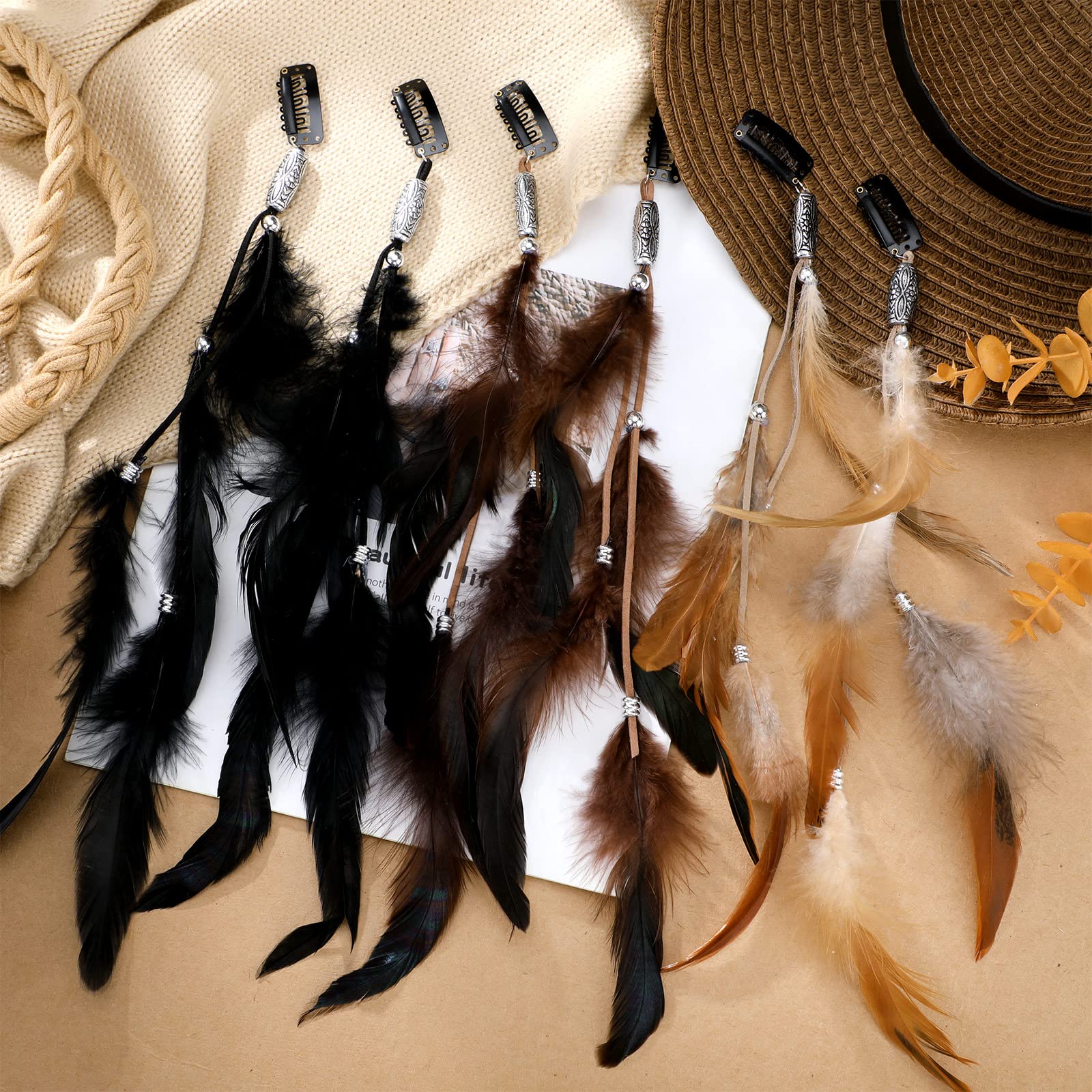Assorted Geyoga colored feather hair clips in display