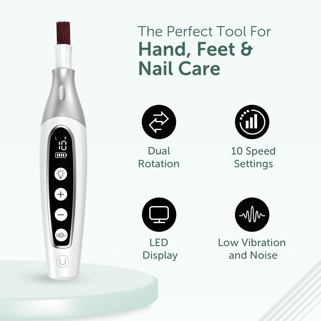 Rechargeable electric nail file displaying speed settings and battery life levels clearly.