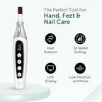 Rechargeable electric nail file displaying speed settings and battery life levels clearly.