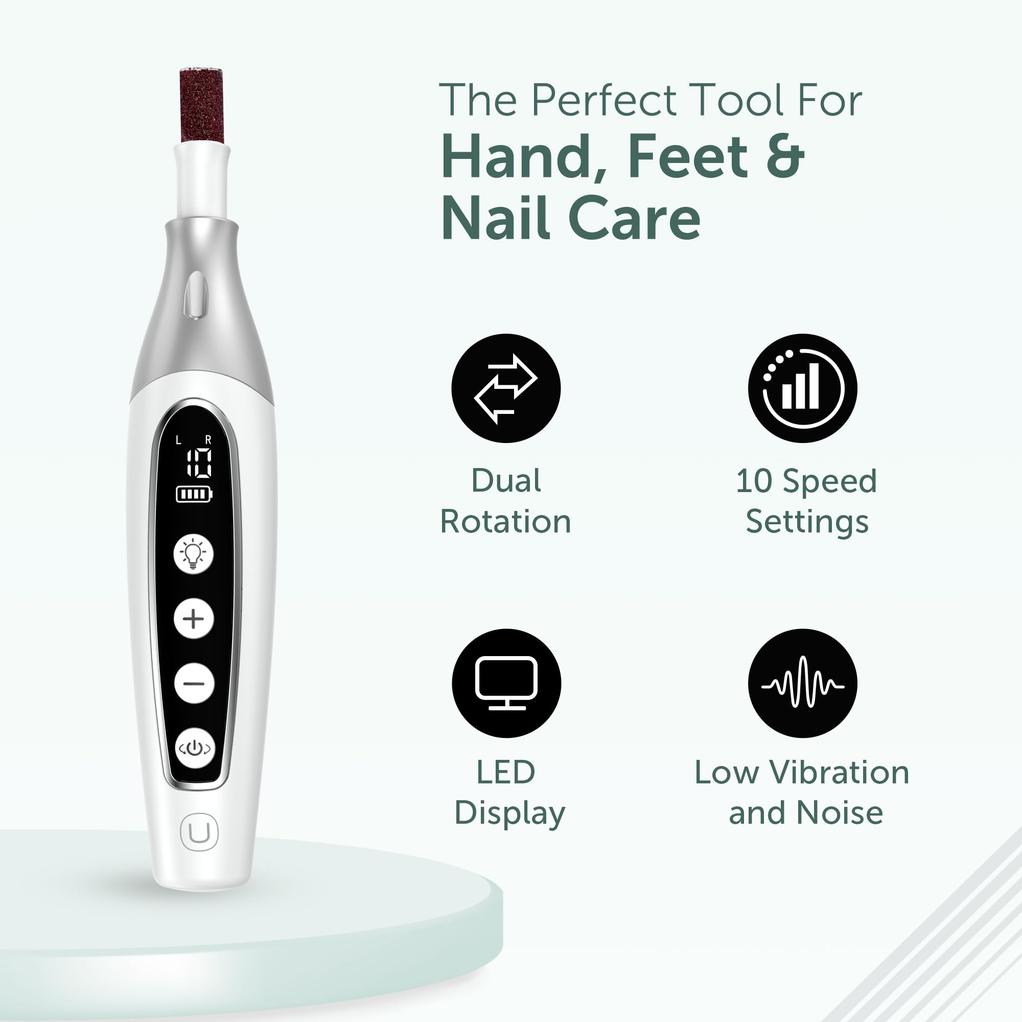 Rechargeable electric nail file displaying speed settings and battery life levels clearly.