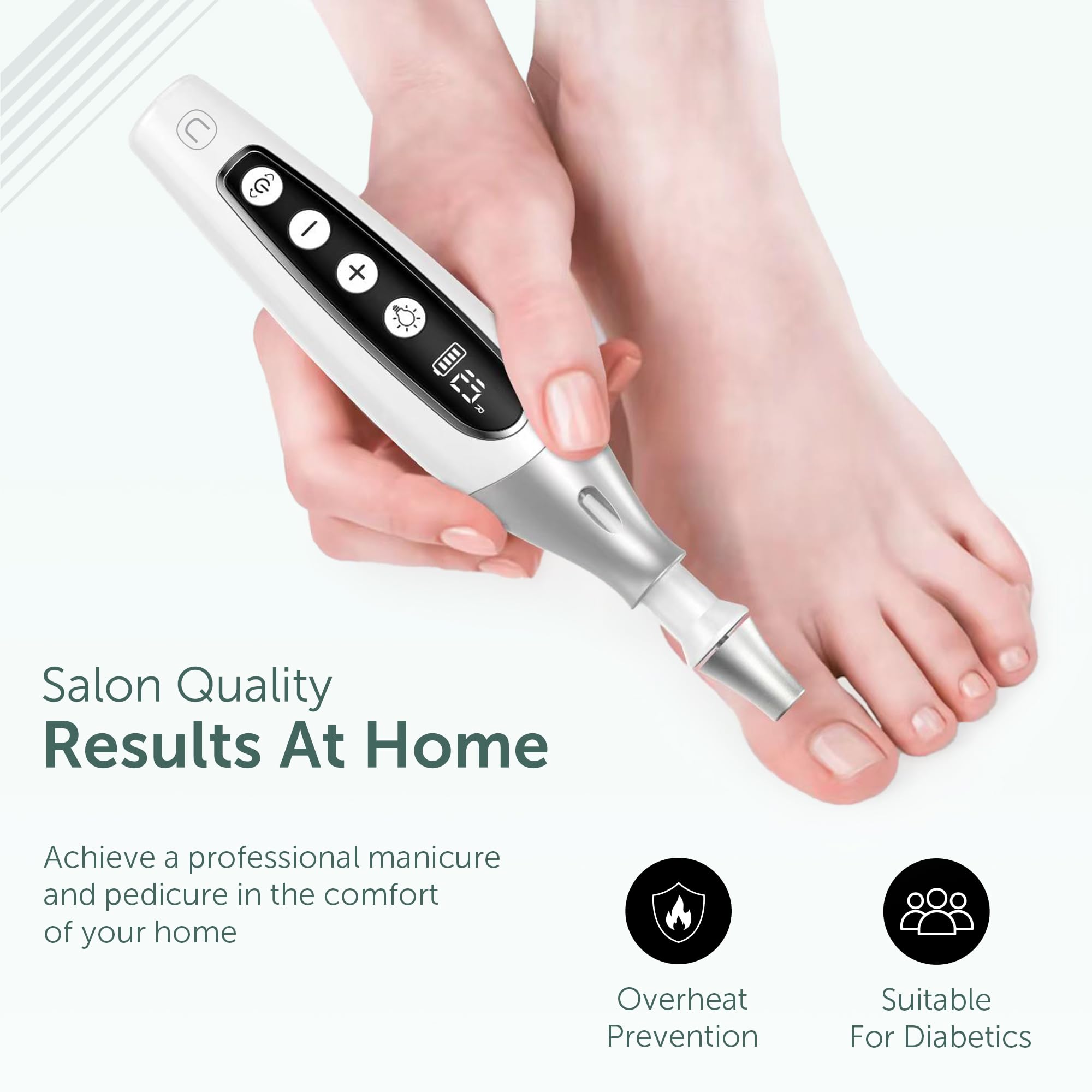 Premium personal care foot callus remover tool showing dual rotation direction capability.