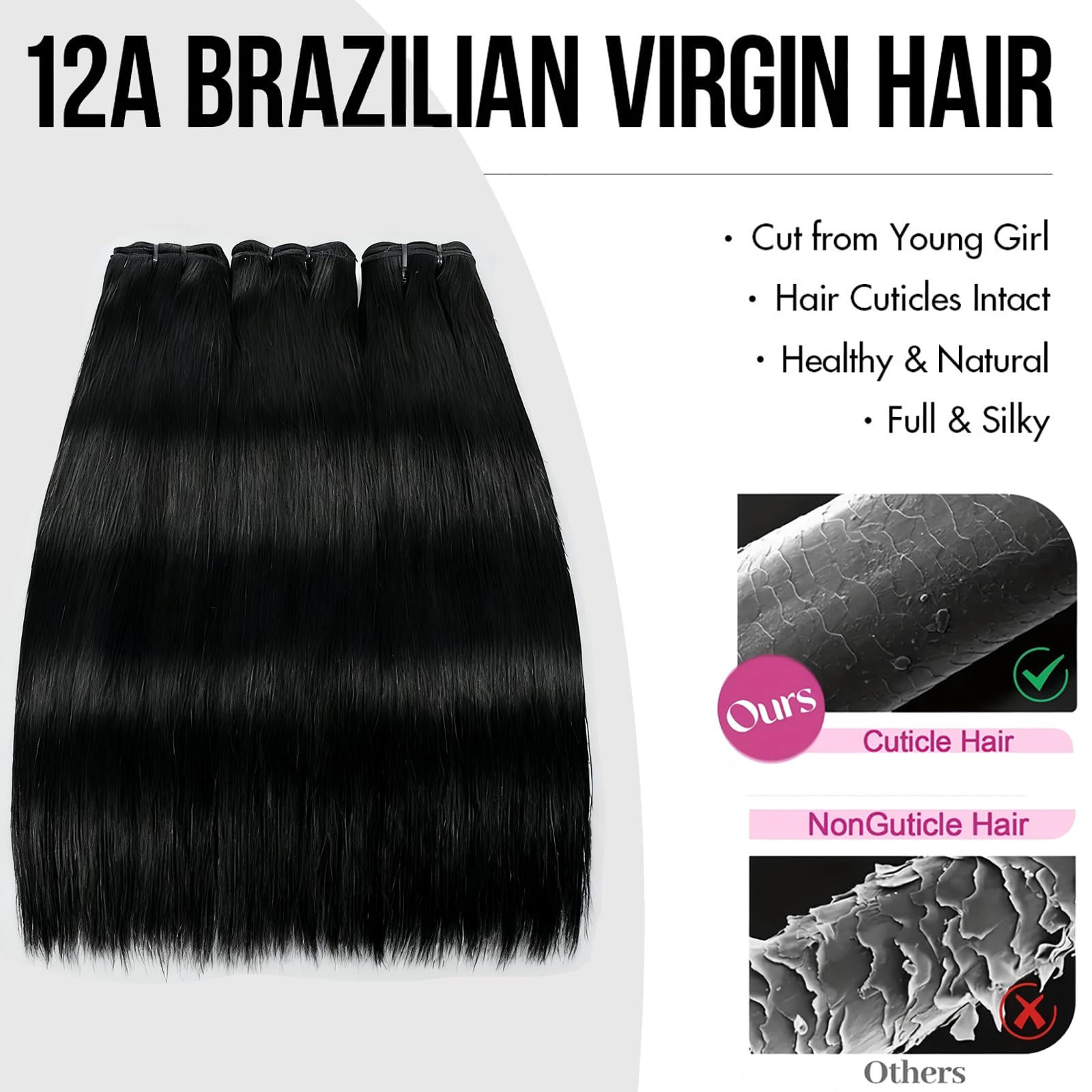 Four pieces of unprocessed Brazilian virgin hair extensions displayed together