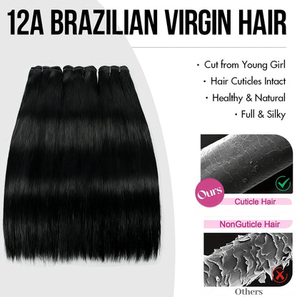 Four pieces of unprocessed Brazilian virgin hair extensions displayed together