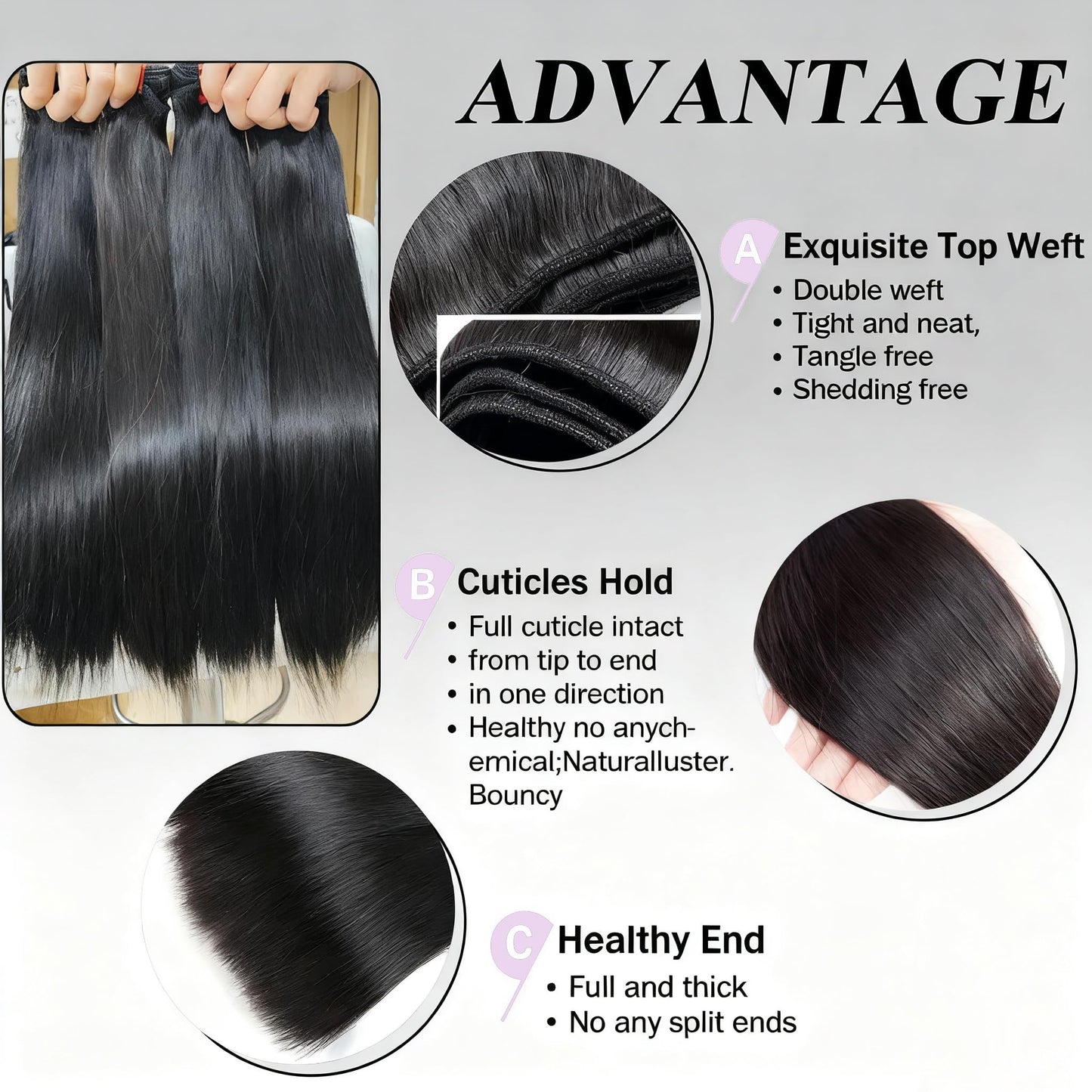 Thick natural black raw straight hair bundle showcasing thick and healthy ends