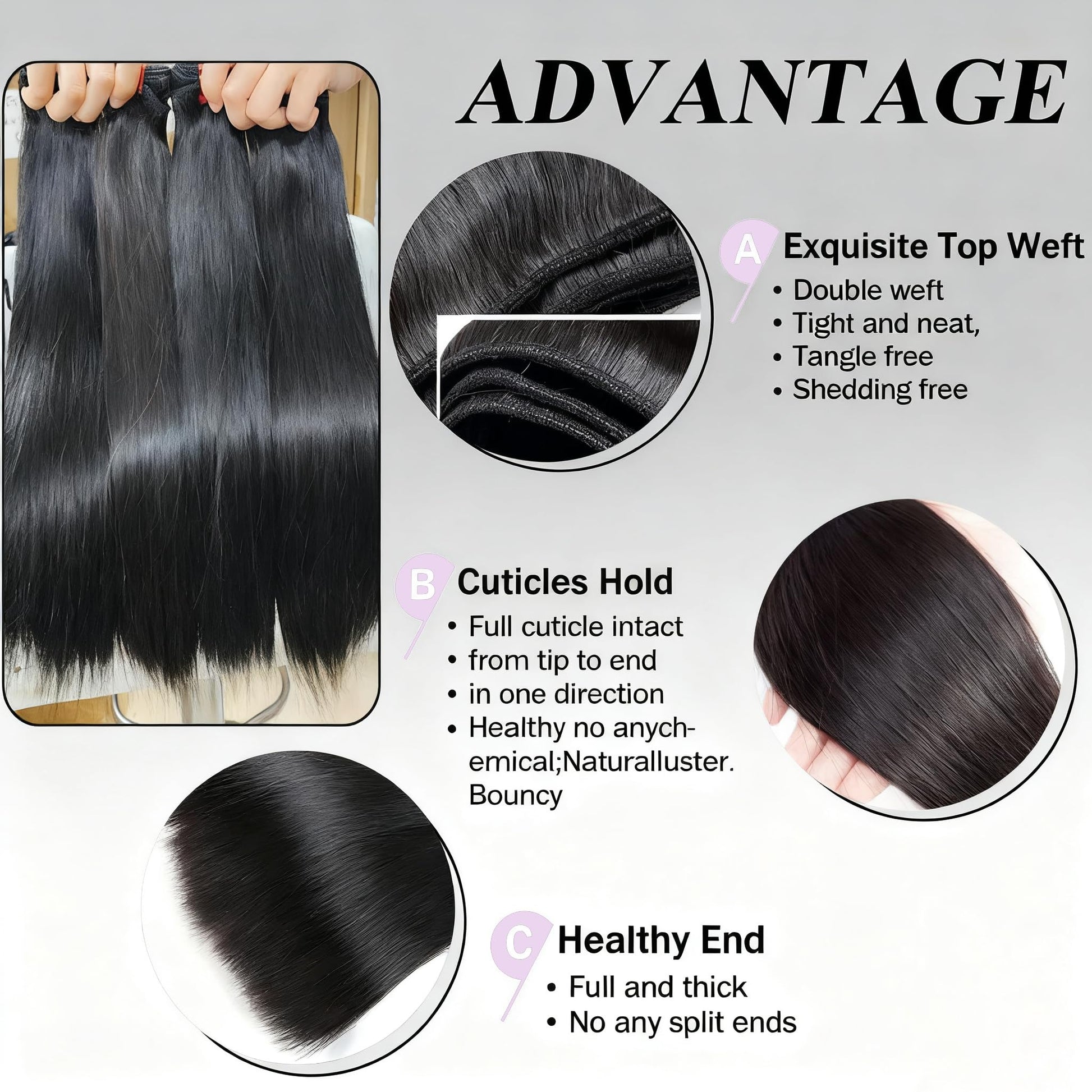 Thick natural black raw straight hair bundle showcasing thick and healthy ends