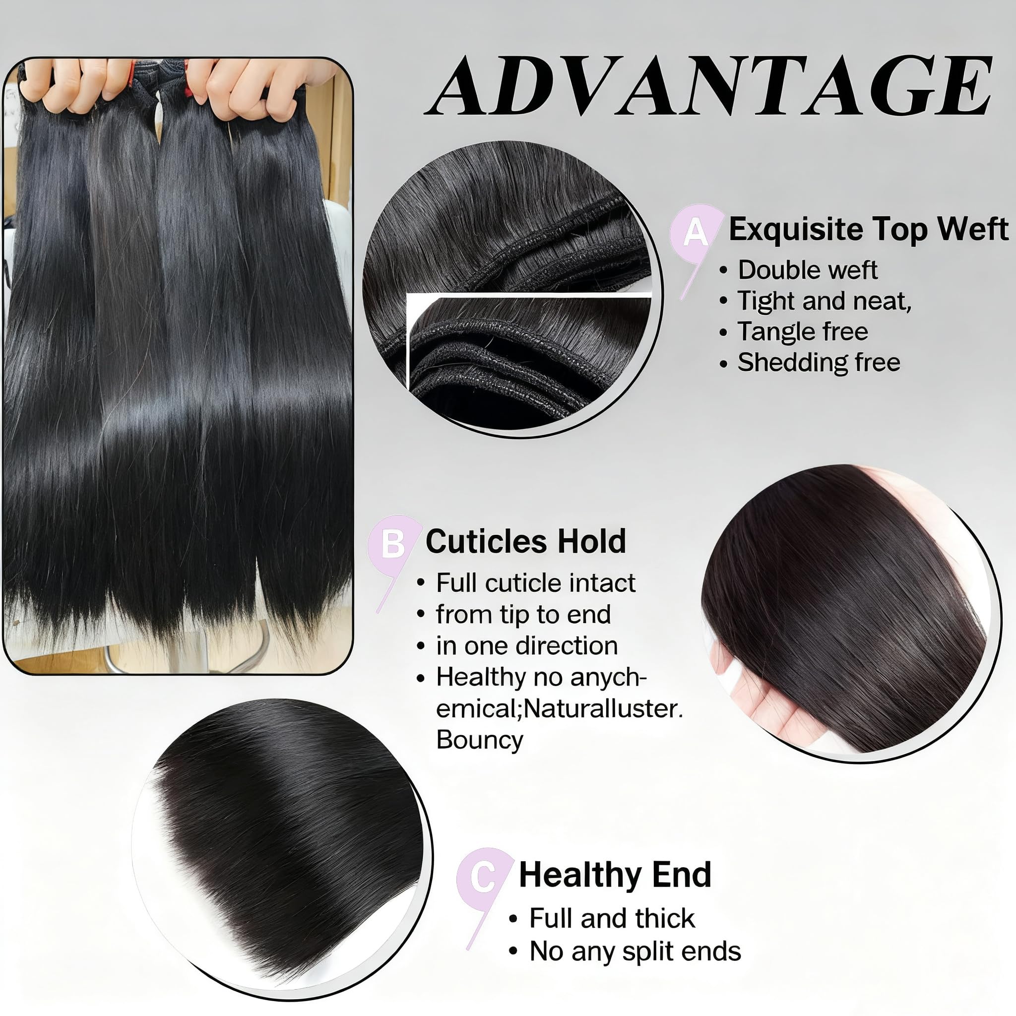 Thick natural black raw straight hair bundle showcasing thick and healthy ends