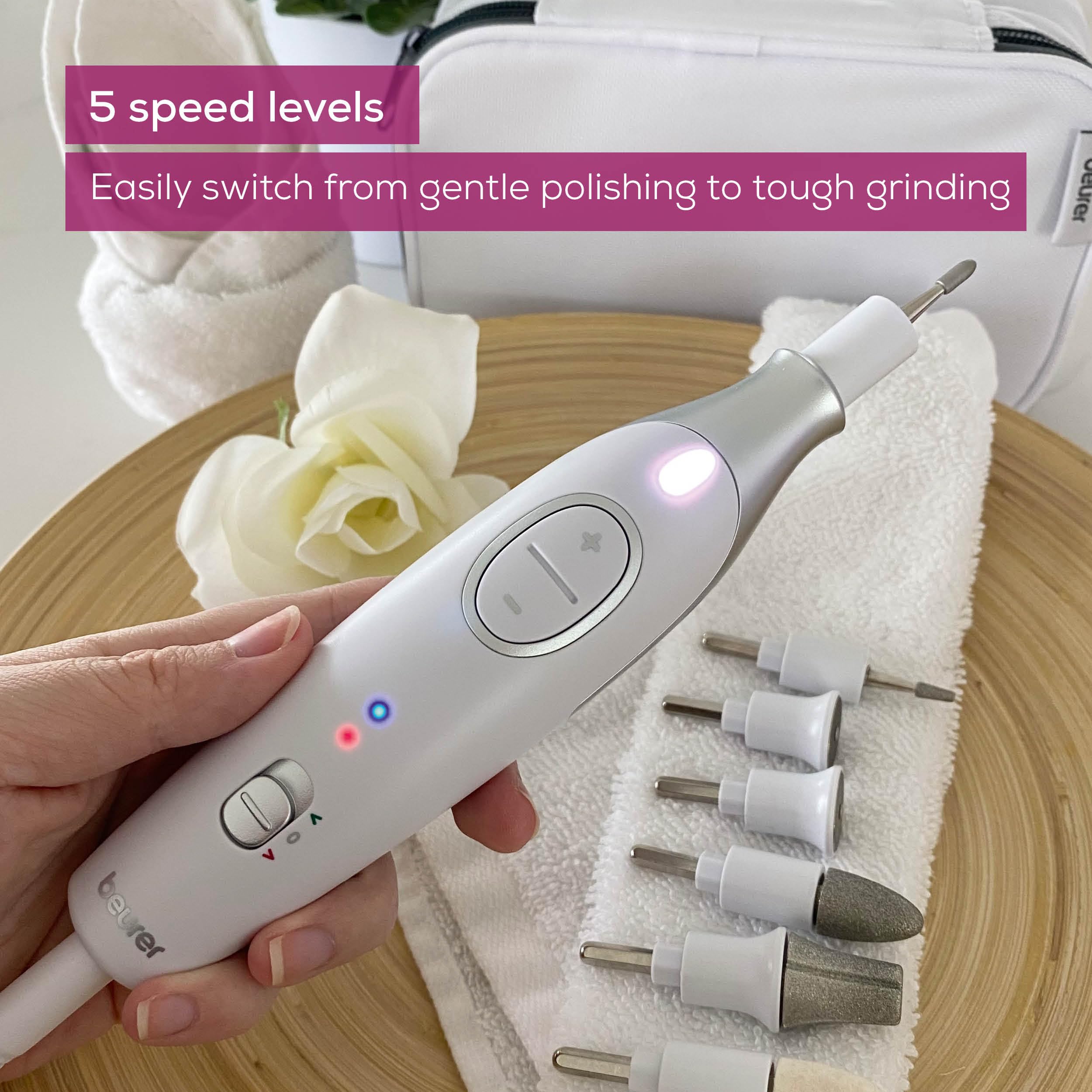 Close up of the sapphire cone attachment on the Beurer pedicure machine for callus removal