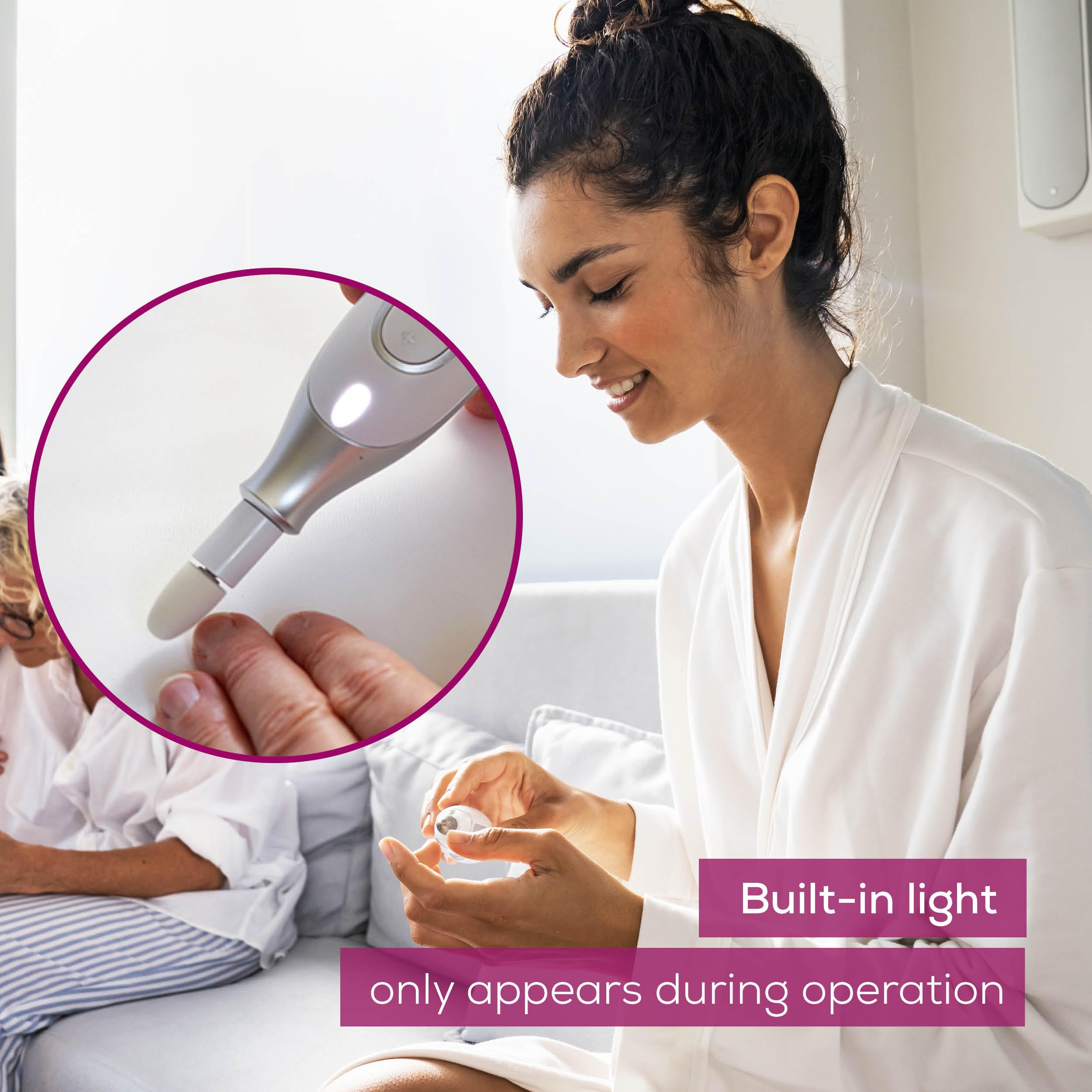 Beurer premium white nail drill handle showing ergonomic non-slip grip and protective dust cap